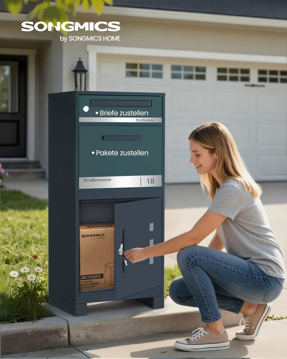SONGMICS Paketbox, Paketbriefkasten, Briefkasten mit Paketfach, personalisiert, Paketkasten XXL, für Briefe, Pakete, Schloss mit Abdeckung, 2 Schlüssel, Stahl, anthrazit GMB091GZ01-01