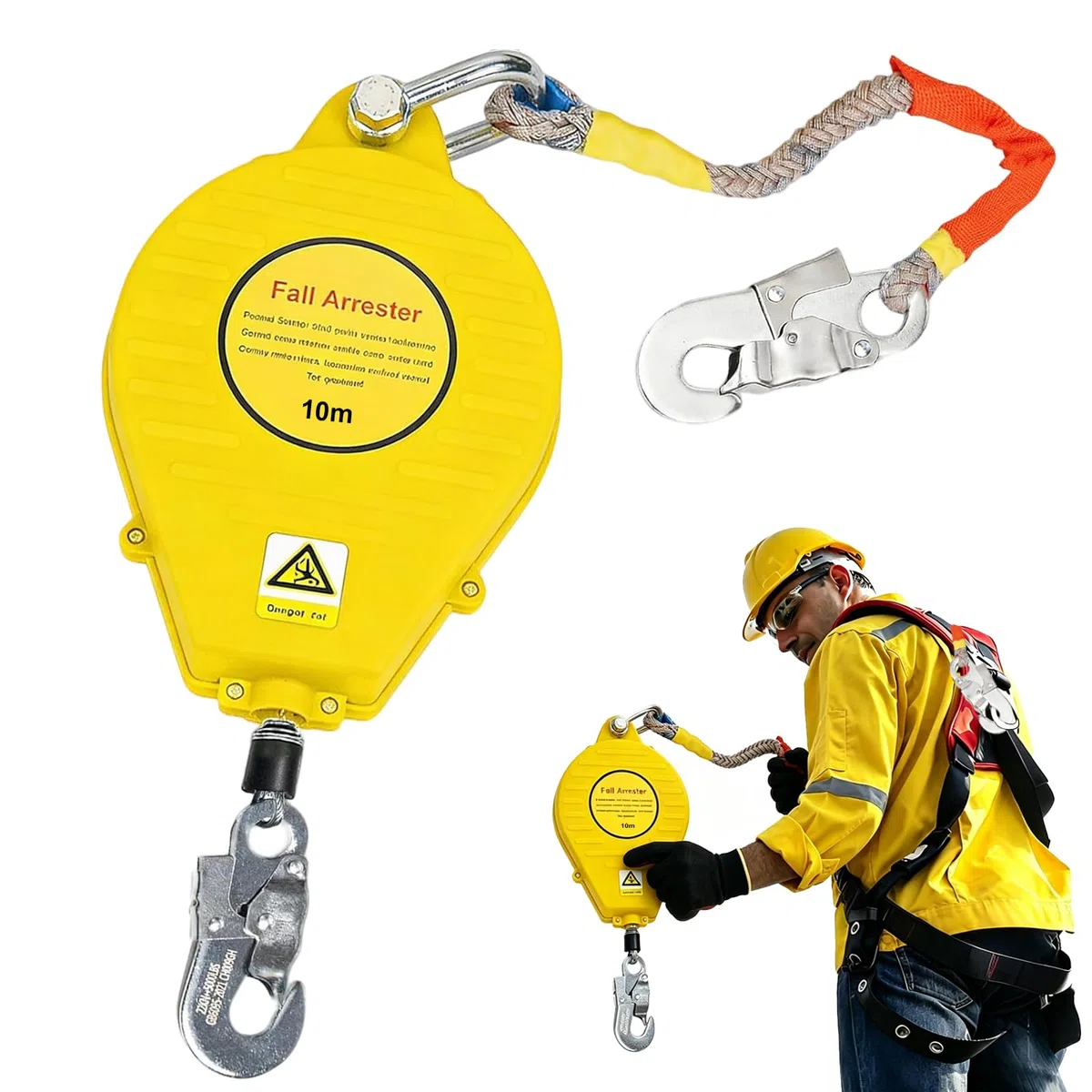 Absturzsicherung Dachdecker, Höhensicherungsgerät Absturzsicherung 3m/5m/7m/10m/15m/20m, Auffanggurt Absturzsicherung Einziehbar mit Selbstsicherndem Haken(Gelb,10m)
