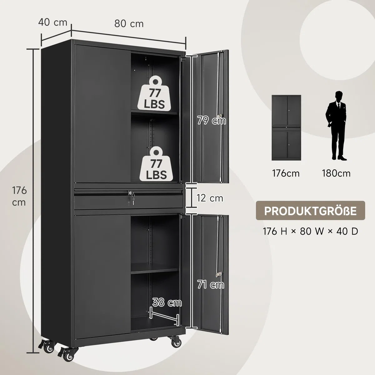 Sightlife Werkzeugschrank Metallschrank - 180x40x80cm Abschließbar Multifunktionaler Stahlschrank, Werkstattschrank mit Verstellbaren Trennwänden, Werkzeugschrank mit Schubladen (Auf Rädern)
