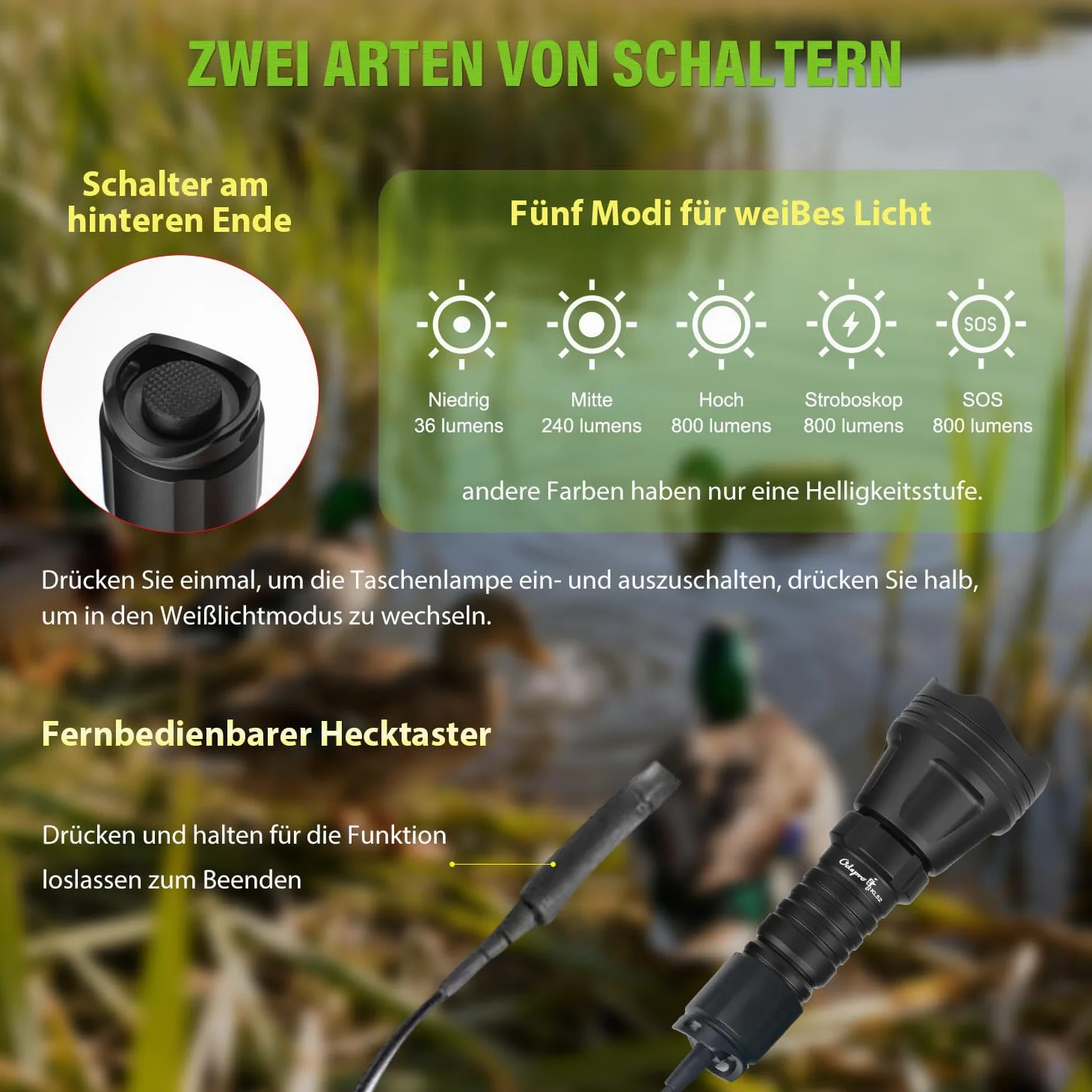 KL52 Plus Taschenlampe LED mit Weiß,Rot,Grün,IR850, Zoom Taktische Taschenlampen, IP68 Wasserdichte Leuchte mit Fernschalter für Outdoor,Camping,Wandern,Notfäll