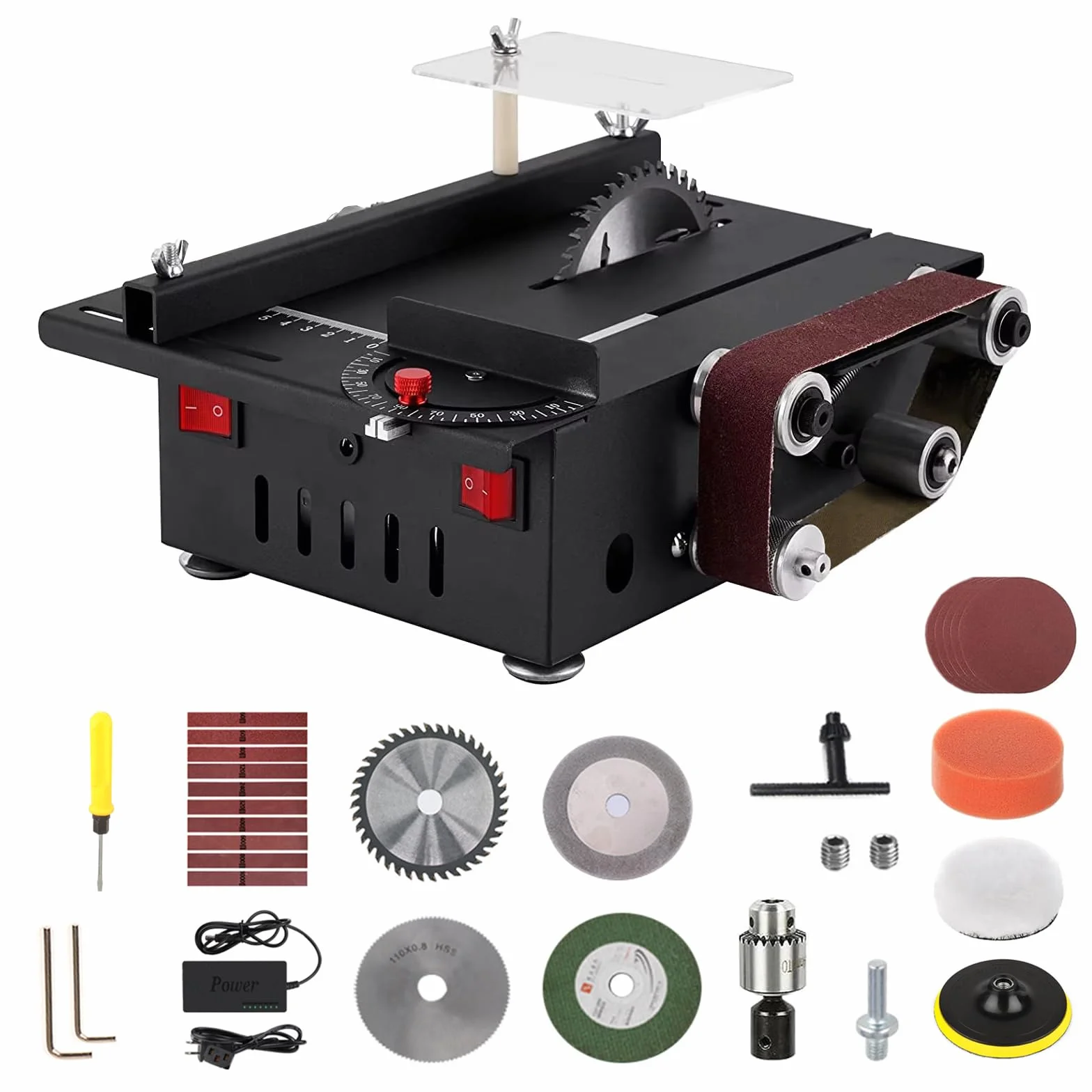 Mini Tischkreissäge, Tischkreissäge Klein mit Bandschleifer, 300W Multifunktionale Tragbare Präzisions DIY Miniatur Tischkreissägen mit 4 Klingen, 0,1-30mm Sägeblatt für Holzhandwerk, DIY