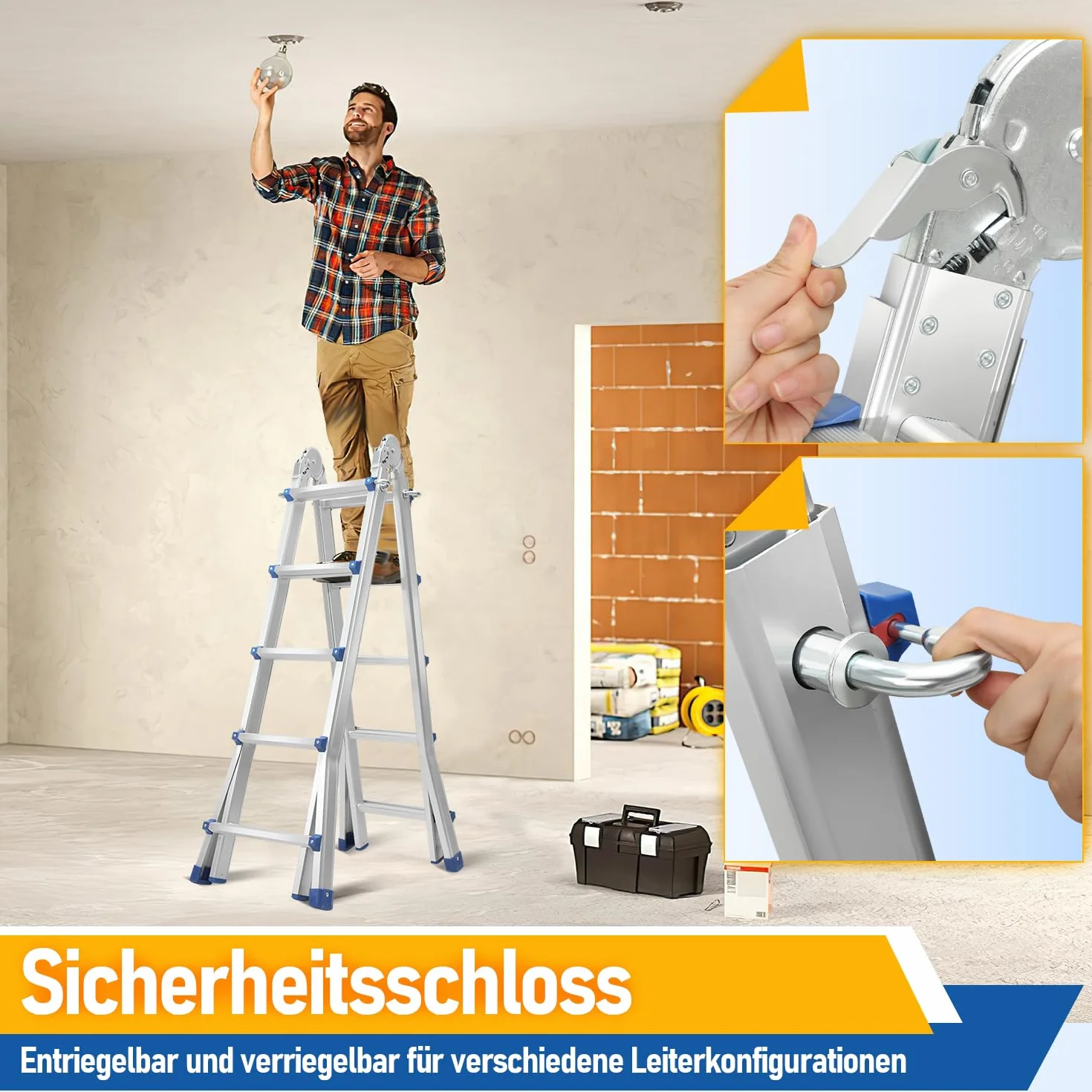 Aluleiter Mehrzweckleiter, 513CM 4x5 Sprossen Teleskopleiter, 4 in 1 Klappleiter 150 kg Belastbarkeit, Bockleiter Schiebeleiter, Beidseitige Steh und Treppenleiter