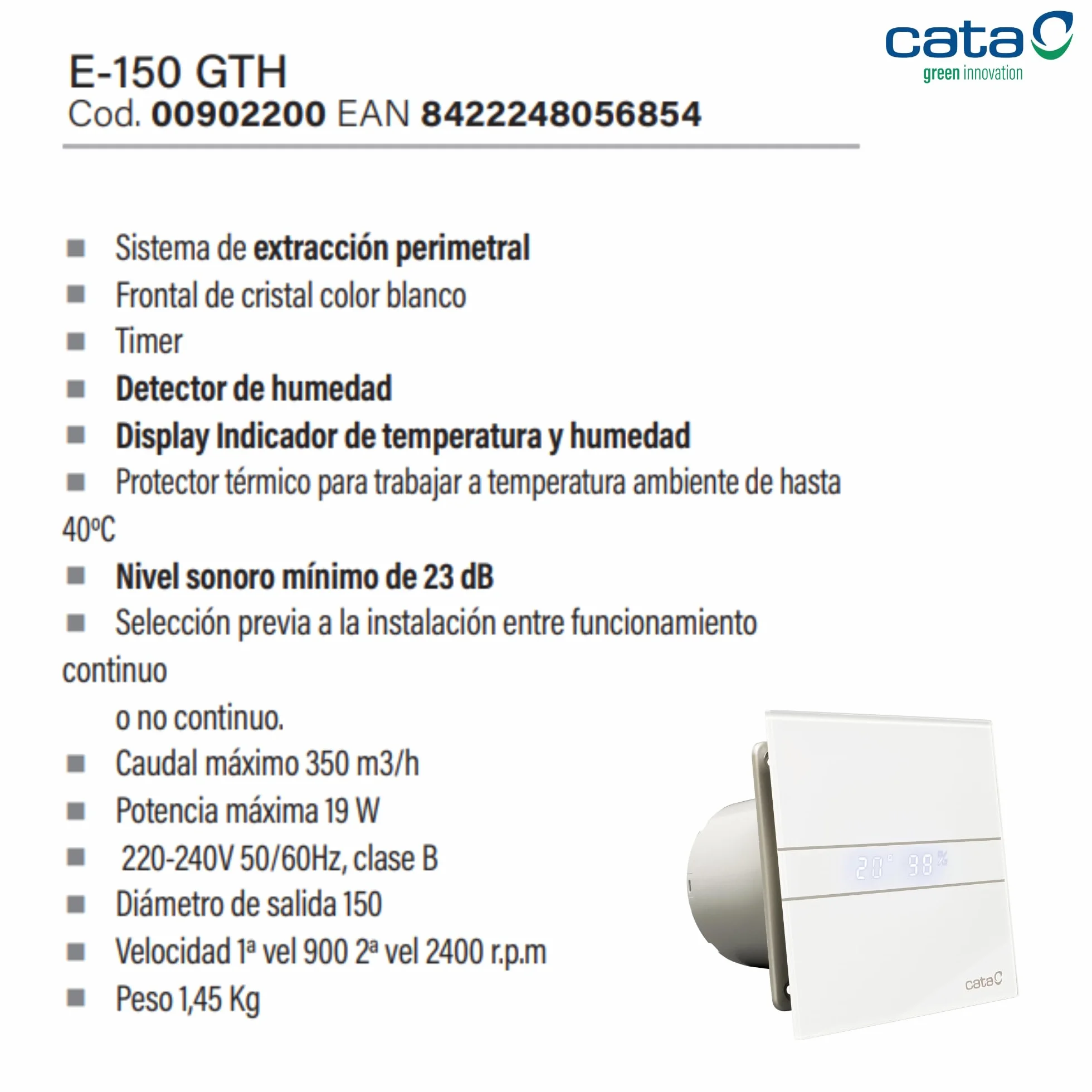 E-100 GTH - Abluftventilator Bad - Serie E Glass Hygro - Glasfront - Zeitschaltuhr Luftfeuchtigkeitsdetektor - Energieklasse B - Geräuscharme Dunstabzugshaube für das Badezimmer - 15 cm Breit - Cata