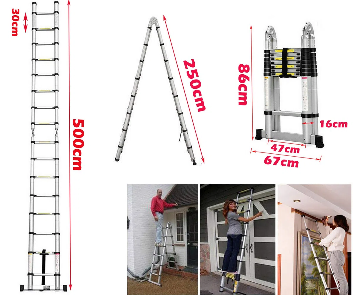 5M Teleskopleiter Alu Leiter Ausziehbare Klappleiter 2.5M + 2.5M Teleskop Leiter mit Stabilisator, Hohe Mehrzweckleiter, 150 kg Belastbarkeit