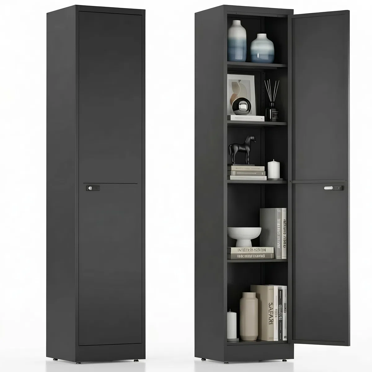 Spind Schrank, Mehrzweckschrank, Stahlschrank 40 cm breit, Aktenschrank Abschließbar mit 1 Tür & 4 Einlegeböden, Büroschrank für Ecke, Badezimmer, Küche, 180x40x35cm Schwarz