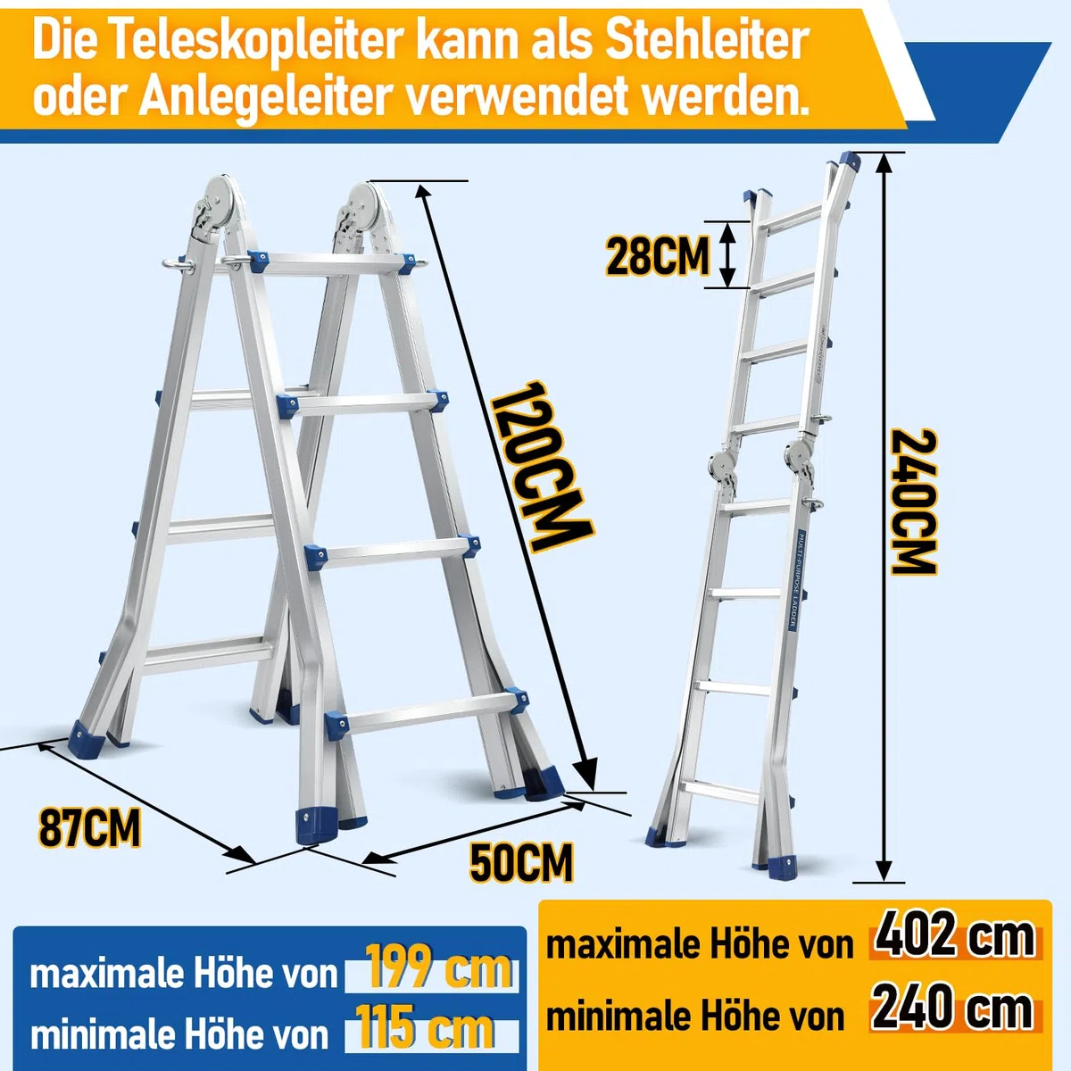 Ikodm Mehrzweckleiter 402cm 4x4 Sprossen Teleskopleiter 3 in 1 Aluleiter Multifunktionsleiter Klappleiter, Anlegeleiter Bockleiter Schiebeleiter beidseitige Steh und Treppenleiter