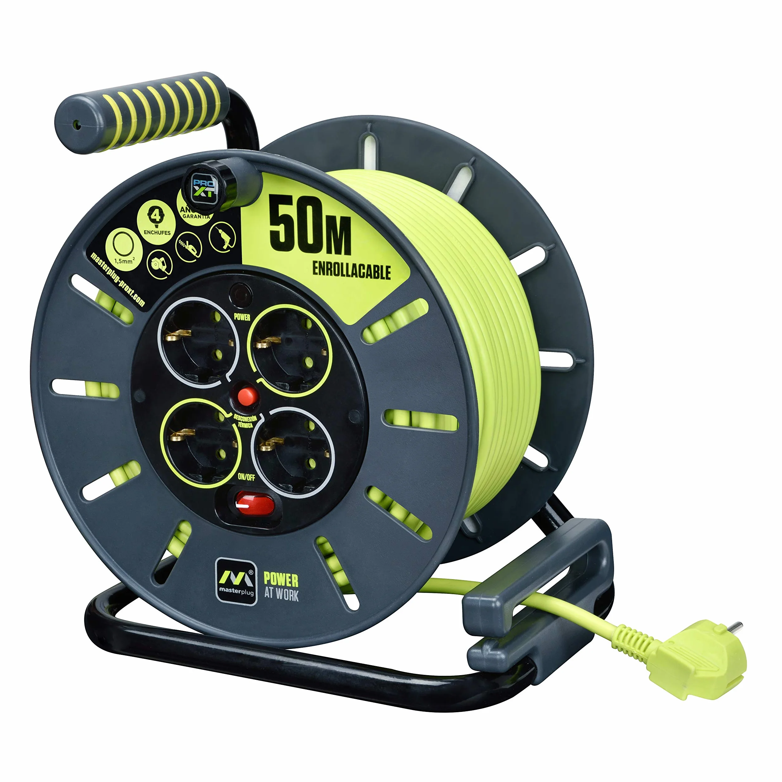 Masterplug Pro-XT 4-Fach offene Kabeltrommel mit Aufrollgriff, Thermoabschaltung und Netzschalter, 50 Meter langes Kabel mit hoher Sichtbarkeit