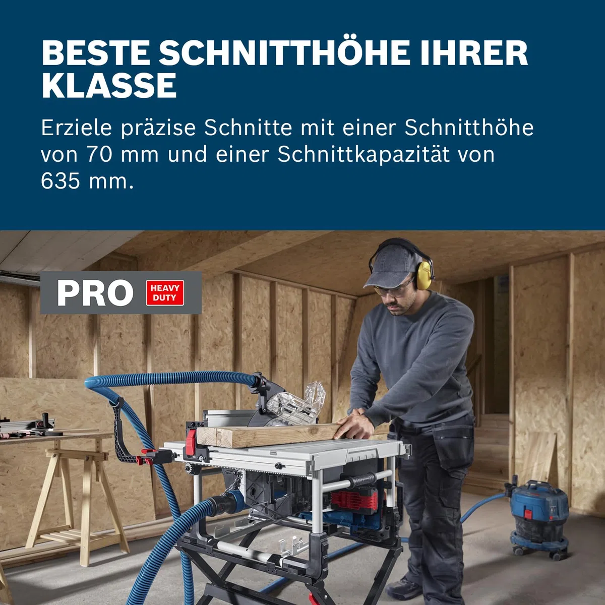 Bosch Professional 18V System Akku-Tischkreissäge GTS 18V-70 (inkl. Sägeblatt Optiline Wood, Winkelanschlag, Schiebestock, Ringschlüssel, Schutzabdeckung, 2x Adapter, Profilschiene, Parallelanschlag)