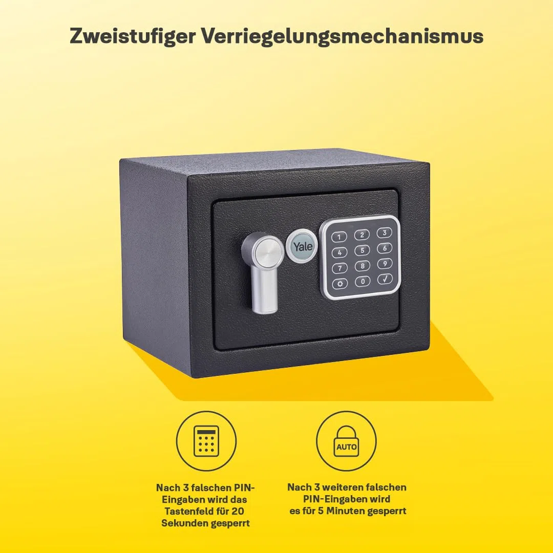 Yale Electronic Safe Mini - Schwarz - YSV/170/DB2 - Standard - Elektronischer Tresor - 3,8 L - 170 x 230 x 170 mm - Tastatur & Schlüssel