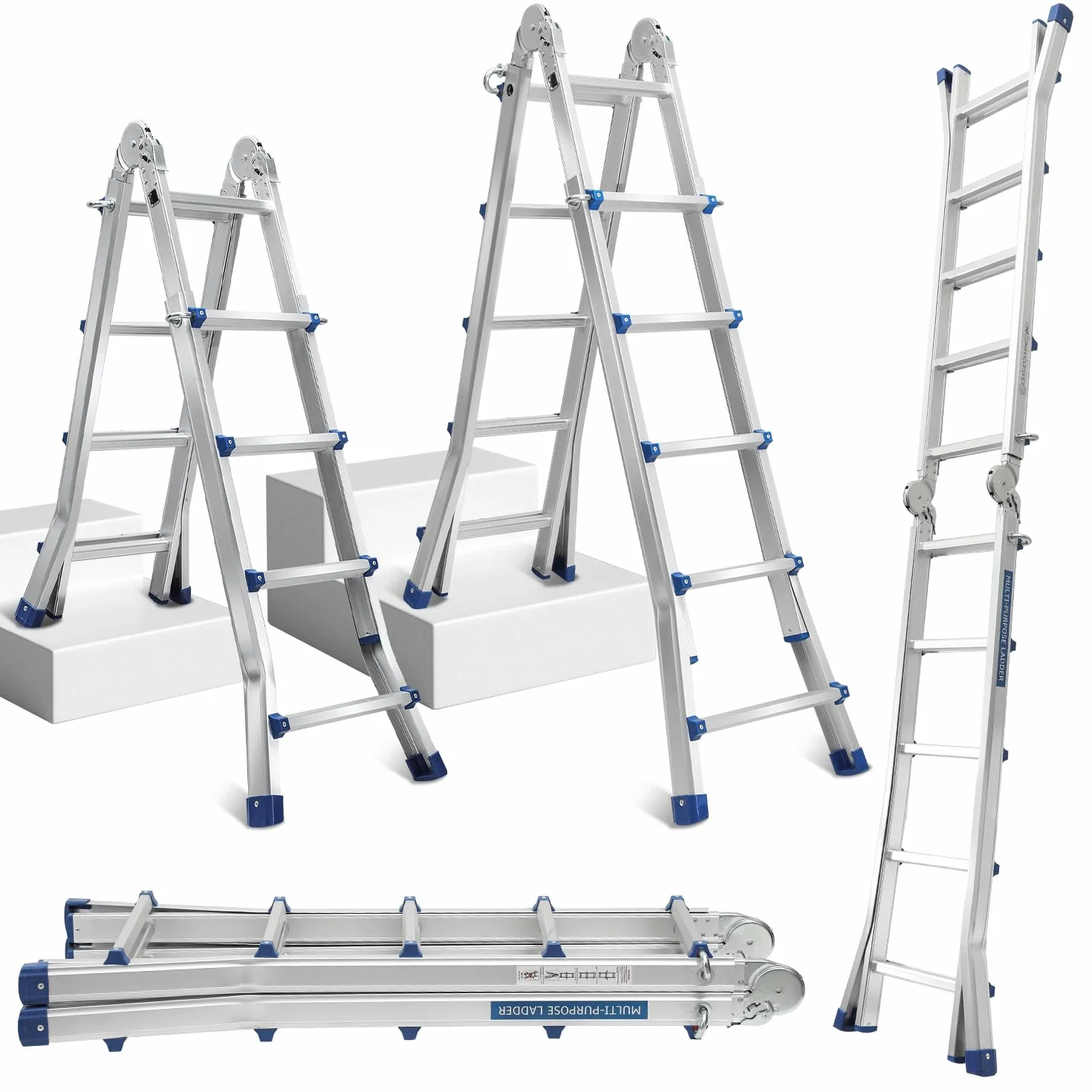 Aluleiter Mehrzweckleiter, 513CM 4x5 Sprossen Teleskopleiter, 4 in 1 Klappleiter 150 kg Belastbarkeit, Bockleiter Schiebeleiter, Beidseitige Steh und Treppenleiter