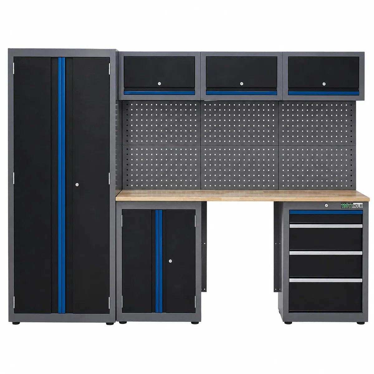 TRUTZHOLM Werkstattwand 13 tlg. aus Stahl 260 x 183 cm modulares Werkstattschranksystem flexibel stellbar & abschließbar mit Holzarbeitsplatte Hochschrank Schubladen Lochwand für Werkstattorganisation