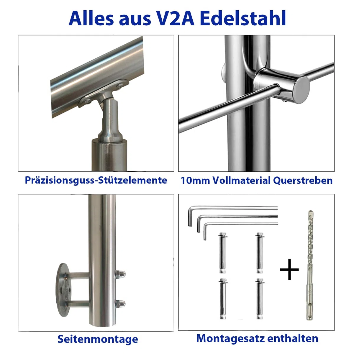 V2A Edelstahl Geländer für Seitliche Montage - Treppengeländer mit 2 Querstreben für Treppen Brüstung Balkon - Innen und Außen Handlauf Geländer Treppengeländer (100CM, 2 Querstreben)