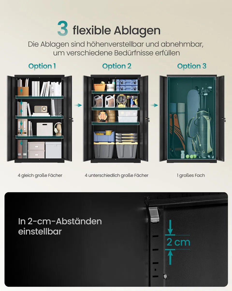 SONGMICS Aktenschrank, Metallschrank, Aufbewahrungsschrank, Büroschrank abschließbar, mit 2 Türen, aus Stahl, 80 x 40 x 140 cm, 3 verstellbare Ablagen, Mattschwarz OMC020BD01