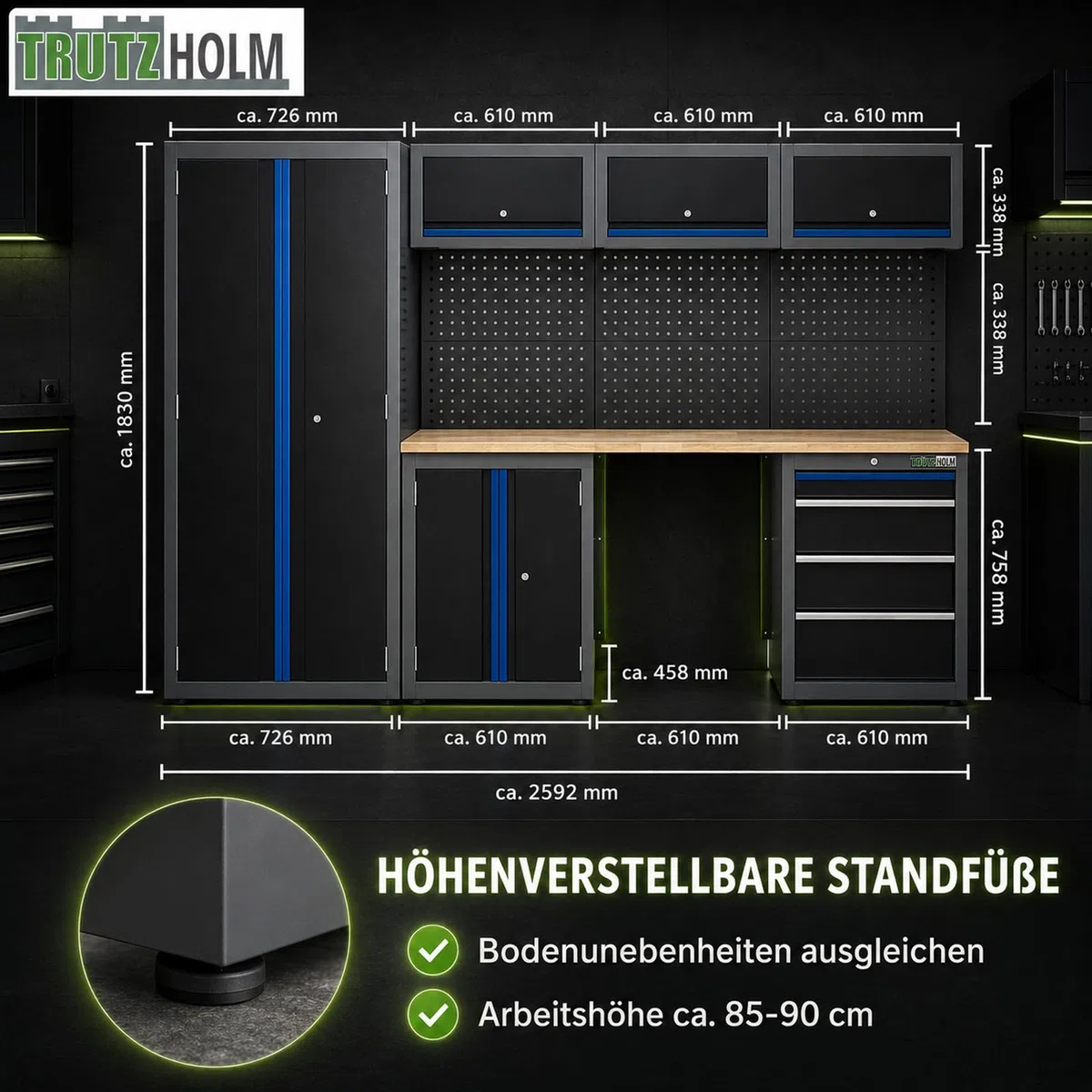 TRUTZHOLM Werkstattwand 13 tlg. aus Stahl 260 x 183 cm modulares Werkstattschranksystem flexibel stellbar & abschließbar mit Holzarbeitsplatte Hochschrank Schubladen Lochwand für Werkstattorganisation