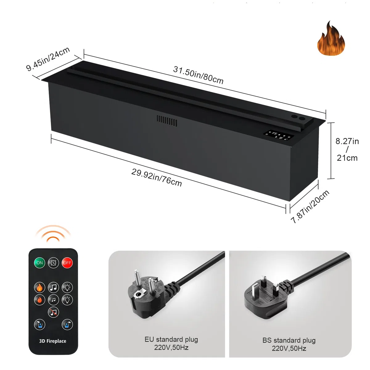Wasserdampf-Kamin, elektrischer Kamin, 3D-Flammeneffekt, leise Funktion, Fernsteuerung [80cm, unbeheizt]