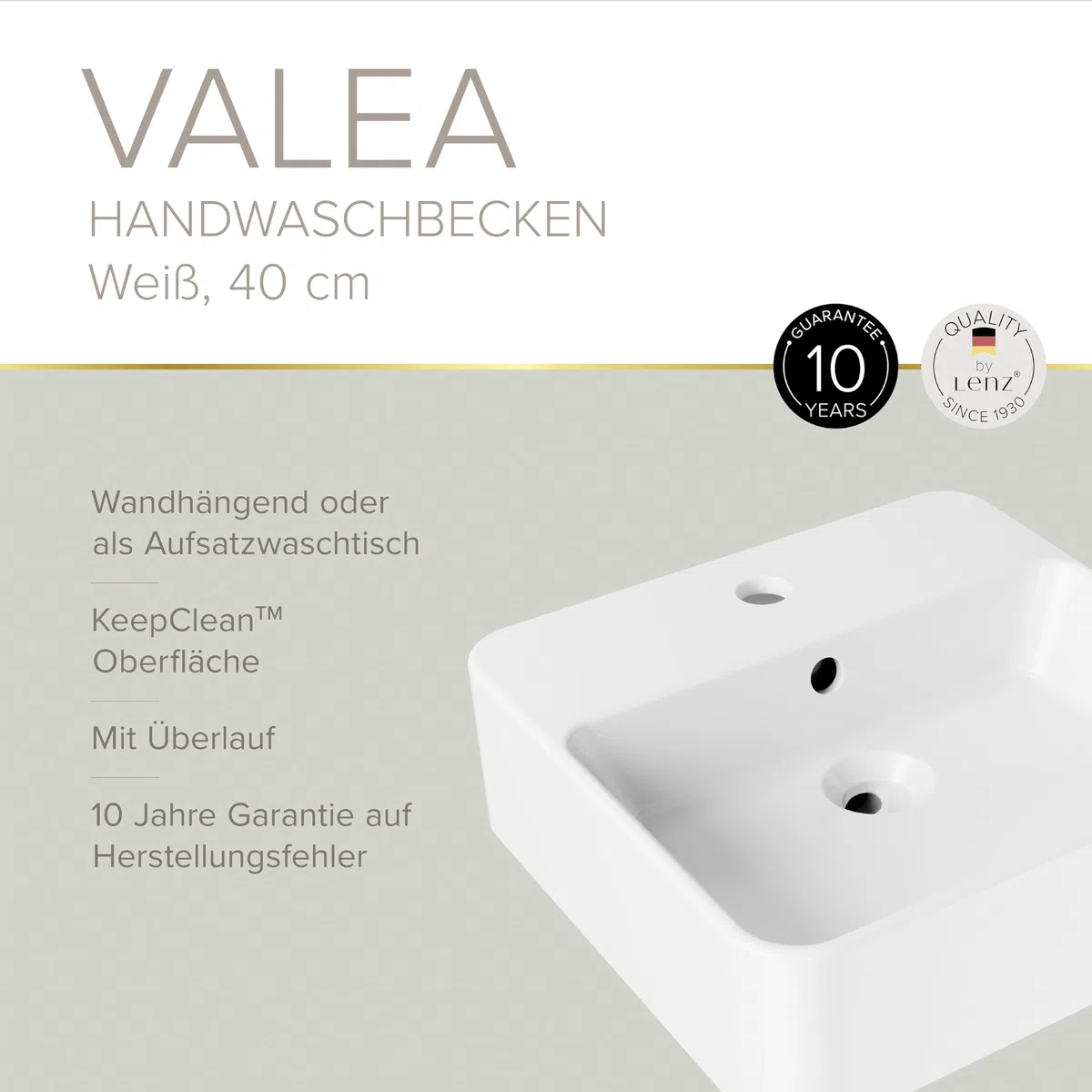 Lenz Handwaschbecken VALEA für Gäste-WCs und kleine Bäder – 40 cm x 38,5 cm – Wandhängend oder als Aufsatzwaschtisch – Superglatte KeepClean Oberfläche – Mit Überlauf, Weiß, 41010161
