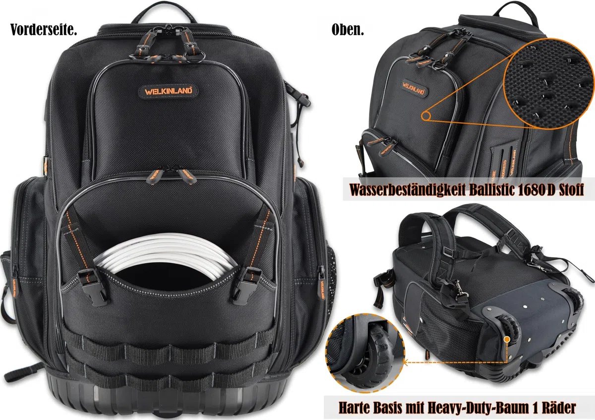 WELKINLAND 72 Taschen Roll-Werkzeug-Rucksack, große Werkzeugtasche mit Rollen, elektrische Tasche mit Rollen für Herren