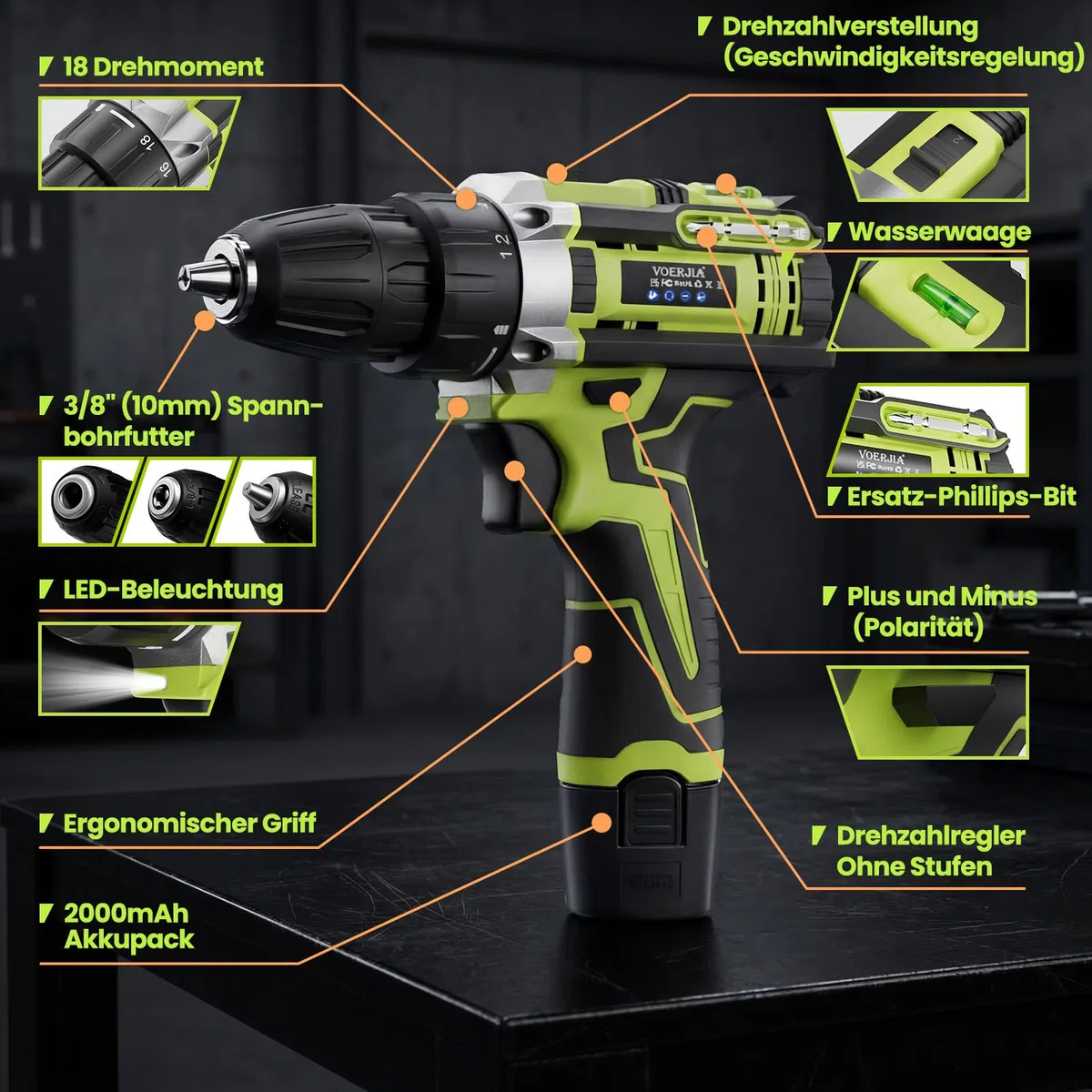 12V klein Akkuschrauber Set, Akku bohrschrauber mit 2 * 2000 mAh Akkus, 3/8" Bohrfutter, 18+1 Drehmoment, Led lichter & 2-Gang, 35 Nm Max. Akku bohrmaschine (Profi-Ausführung)
