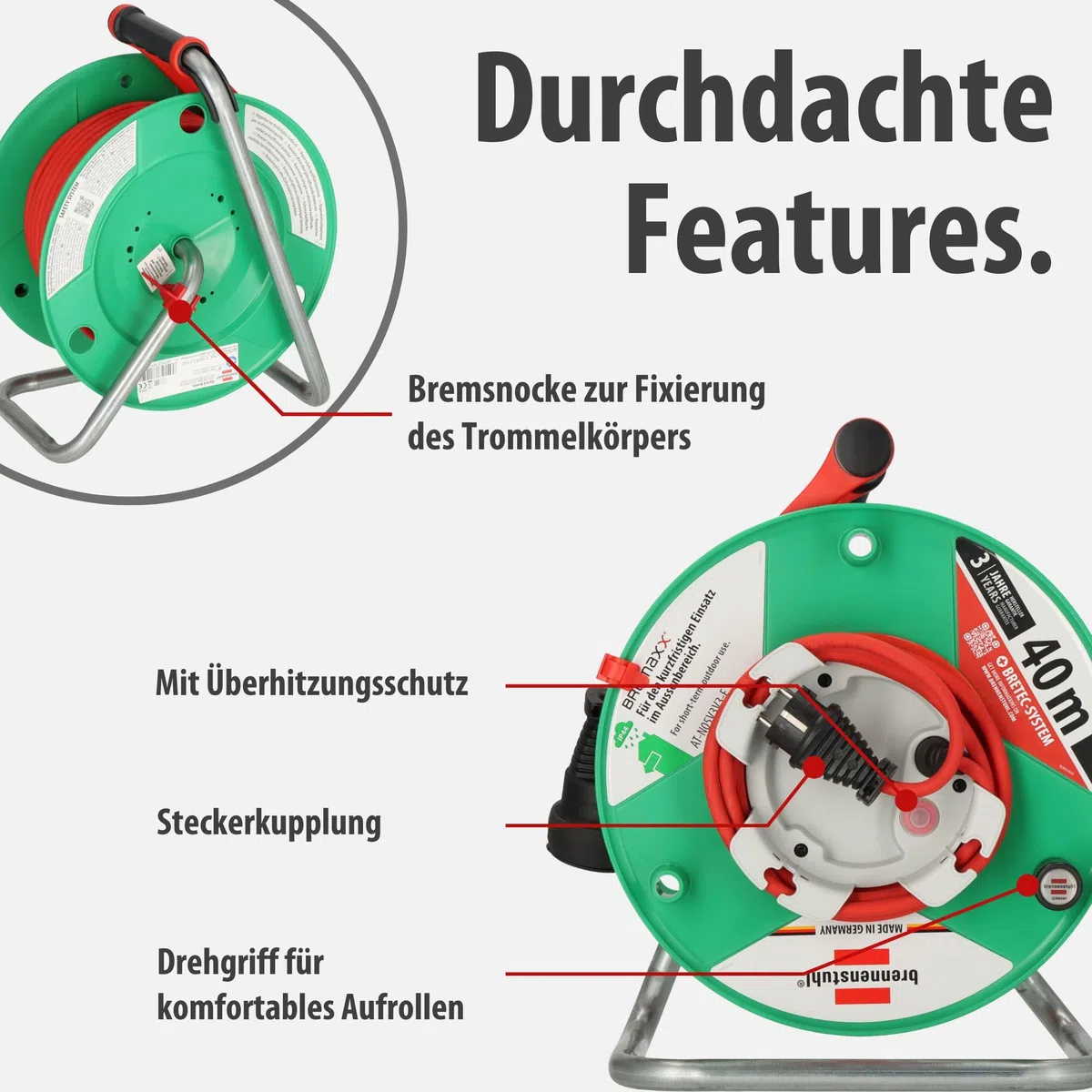 Brennenstuhl Garant G Bretec IP44 Gartenkabeltrommel (Kabeltrommel für Rasenmäher mit 38+2m Kabel in rot, Spezialkunststoff, kurzfristiger Einsatz im Außenbereich, Made in Germany)