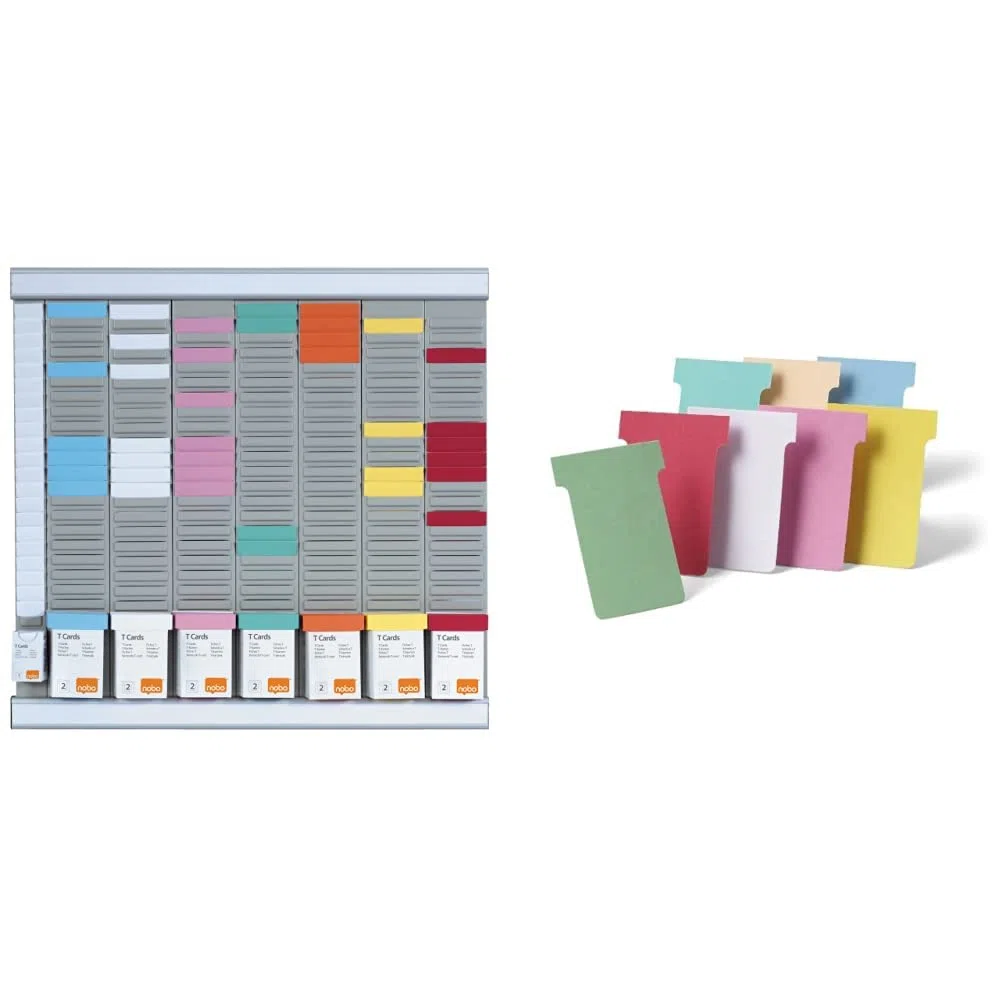 Nobo T-Karten Büro Planungsset, Wandmontage, Haftnotizen Set mit 7 Spalten & 24 Slots, Größe 2, inkl. T-Karten bunt & Indexspalte 2911080 & T-Karten Index 2, 100 Stück, weiß