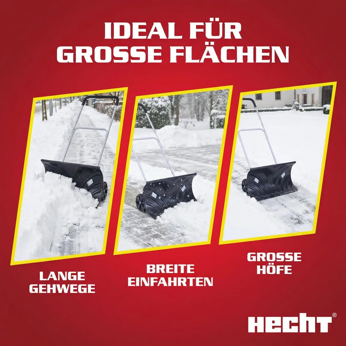 HECHT Großer Schneeschieber mit ergonomischem Stahlstiel – Schiebekante mit Stahlprofil – Schaufel im Winter perfekt – Profi Schneeschaufel mit Rädern jetzt günstig kaufen