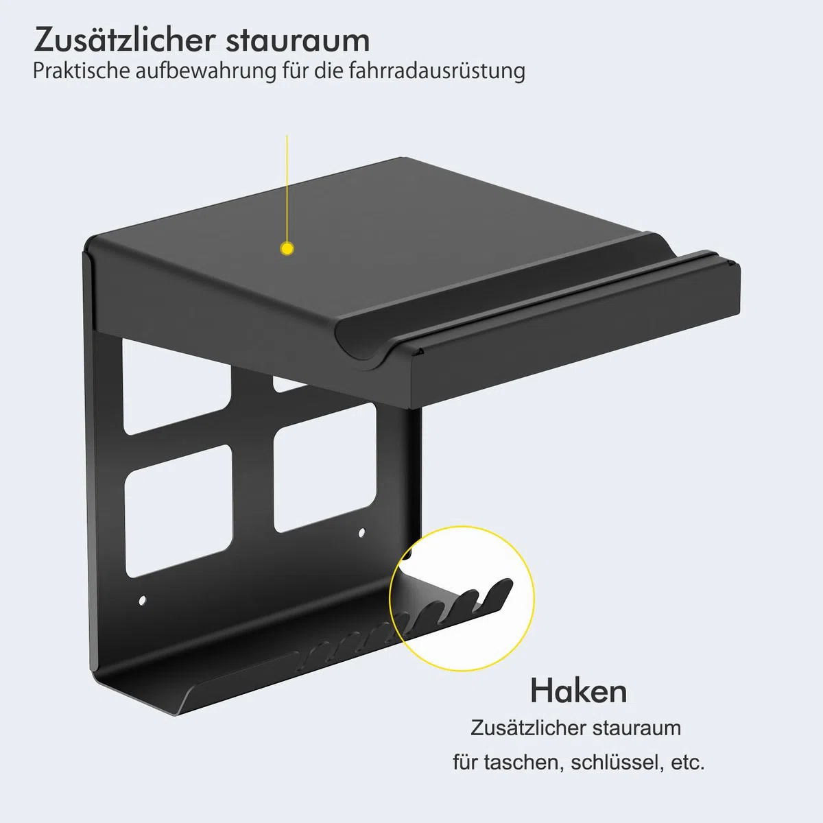 Mimoke Indoor Fahrrad Wandhalterung Garagen Wandmontierter Fahrradständer für Fahrräder mit Regalhaken, Kompaktes Robustes Design, Schutzpolster, Zusätzlicher Stauraum, Einfache Installation (Schwarz)