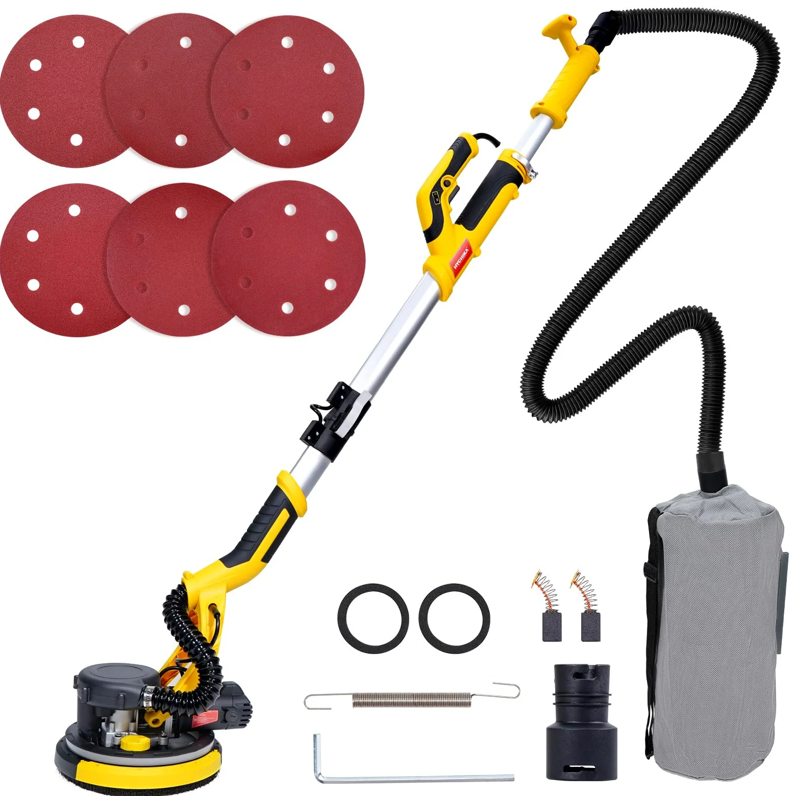 HYCHIKA Trockenbauschleifer, Wandschleifer, 750W Wand Schleifer mit Absaugung, Ausziehbarer Faltbarem Griff, Schleifgiraffe mit 6 Gänge schalten und LED-Licht Schleifteller Ø 214mm