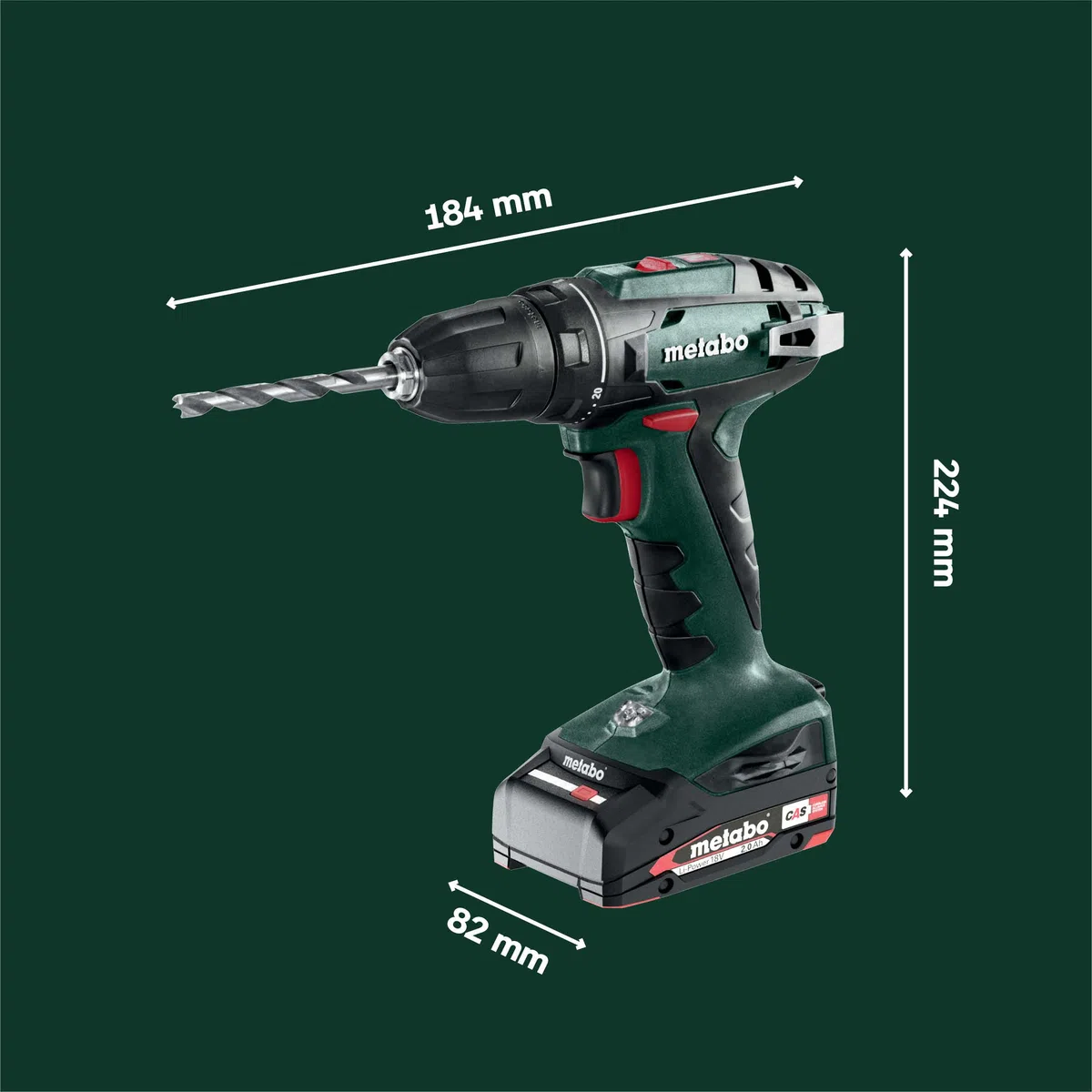 metabo Akku-Bohrschrauber BS 18 Set, 18 V Schrauber, 74-tlg. Zubehör-Set | Mobile Werkstatt im Koffer, inkl. 2 x 2.0 Ah Li-Power Akkus, Ladegerät, LED-Licht, Gürtelhaken, Schnellspannbohrfutter
