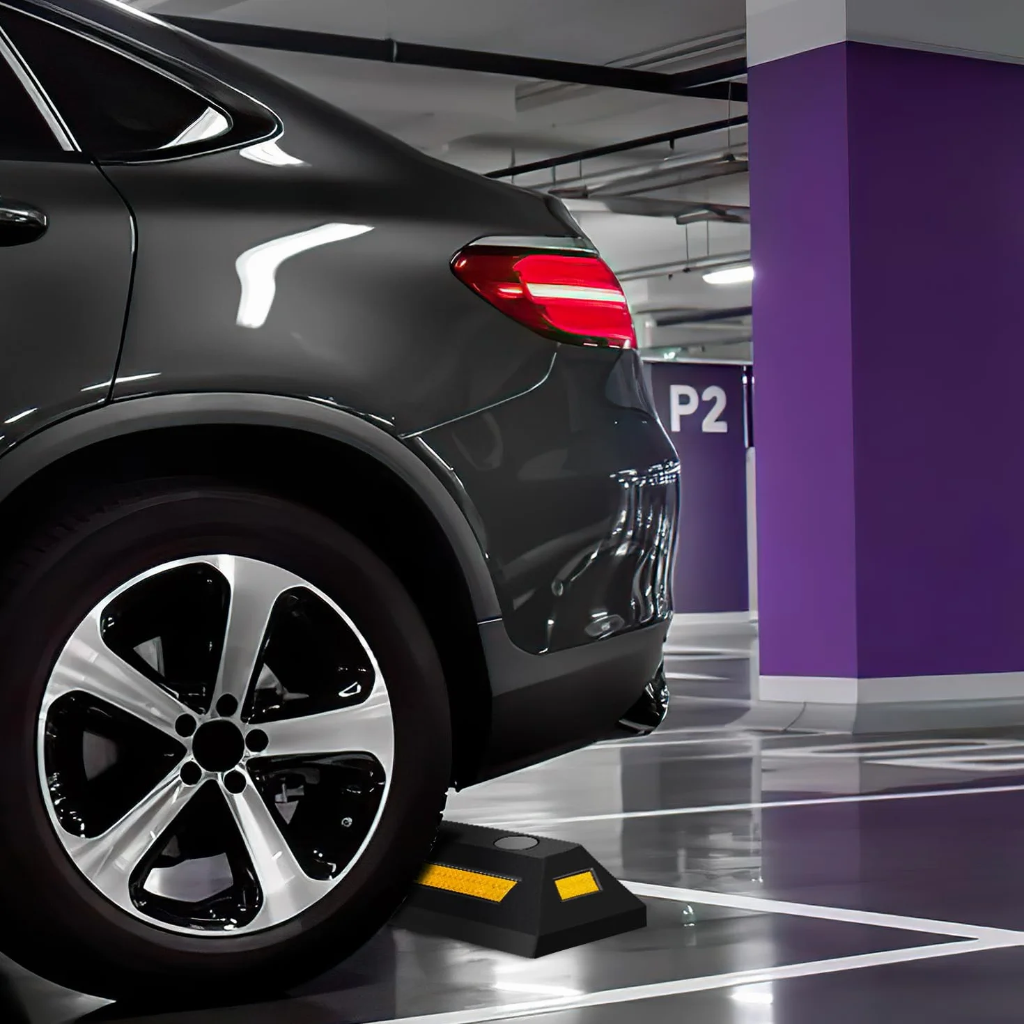 8 Stück Radstopper Parkplatzsperren Gummi Parkplatzbegrenzer Parkbegrenzung Parkplatzmarkierung Anfahrschutz mit Gelb Reflektierende Streifen für Garage und Parkplätze