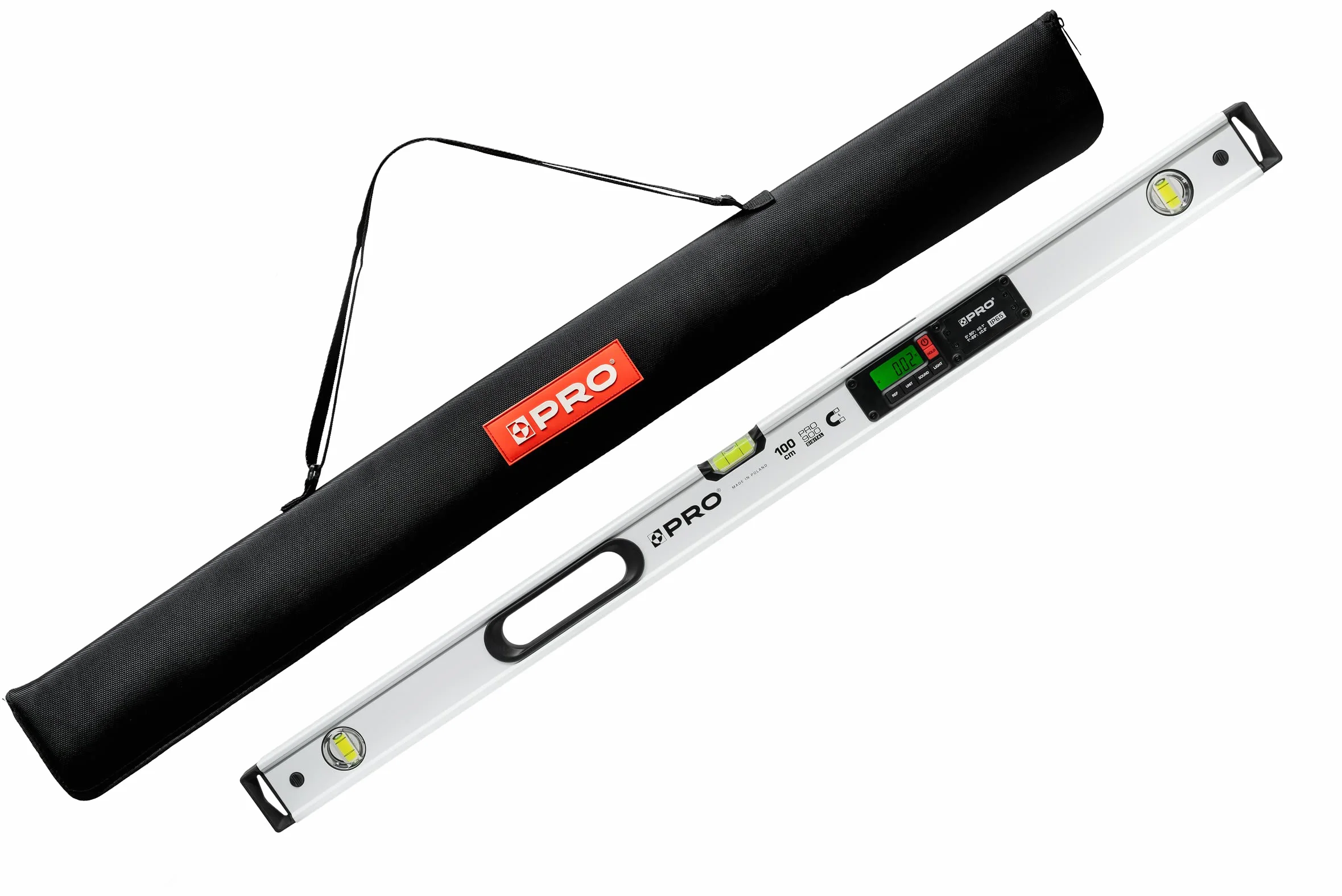 PRO900 Digitale Wasserwaage 100cm mit 2 LCD Displays und Abdeckung - Elektronische Wasserwaage mit Messwertspeicher für bis zu 19 Ergebnisse Schutzart IP65 - Farbe Weiß