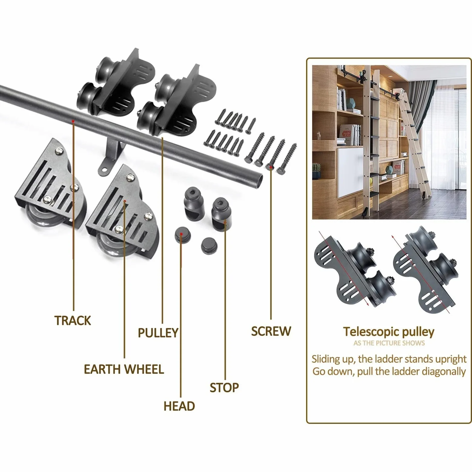 Schiebeleiter Hardware Kit, Einziehbare Rollleiter Hardware Bibliothek, Robuste Bodenrolle aus Stahl, Mobile Leiter-Gleitschiene aus Kohlenstoffstahl