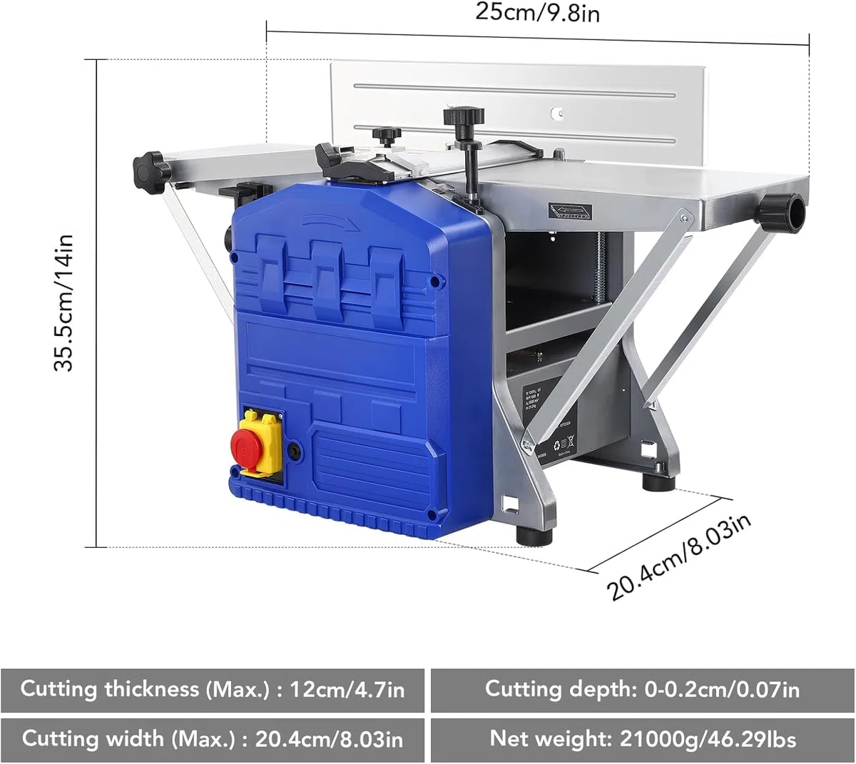 Besäum- und Dickenhobelmaschine Kantenhobelmaschinen und Abrichthobelmaschinen 1250W Leistung Messertorsion 8000 U/min Holzbearbeitungshobel Hobelbreite 204mm Spanabfuhr 2mm Tischhöhe 355mm