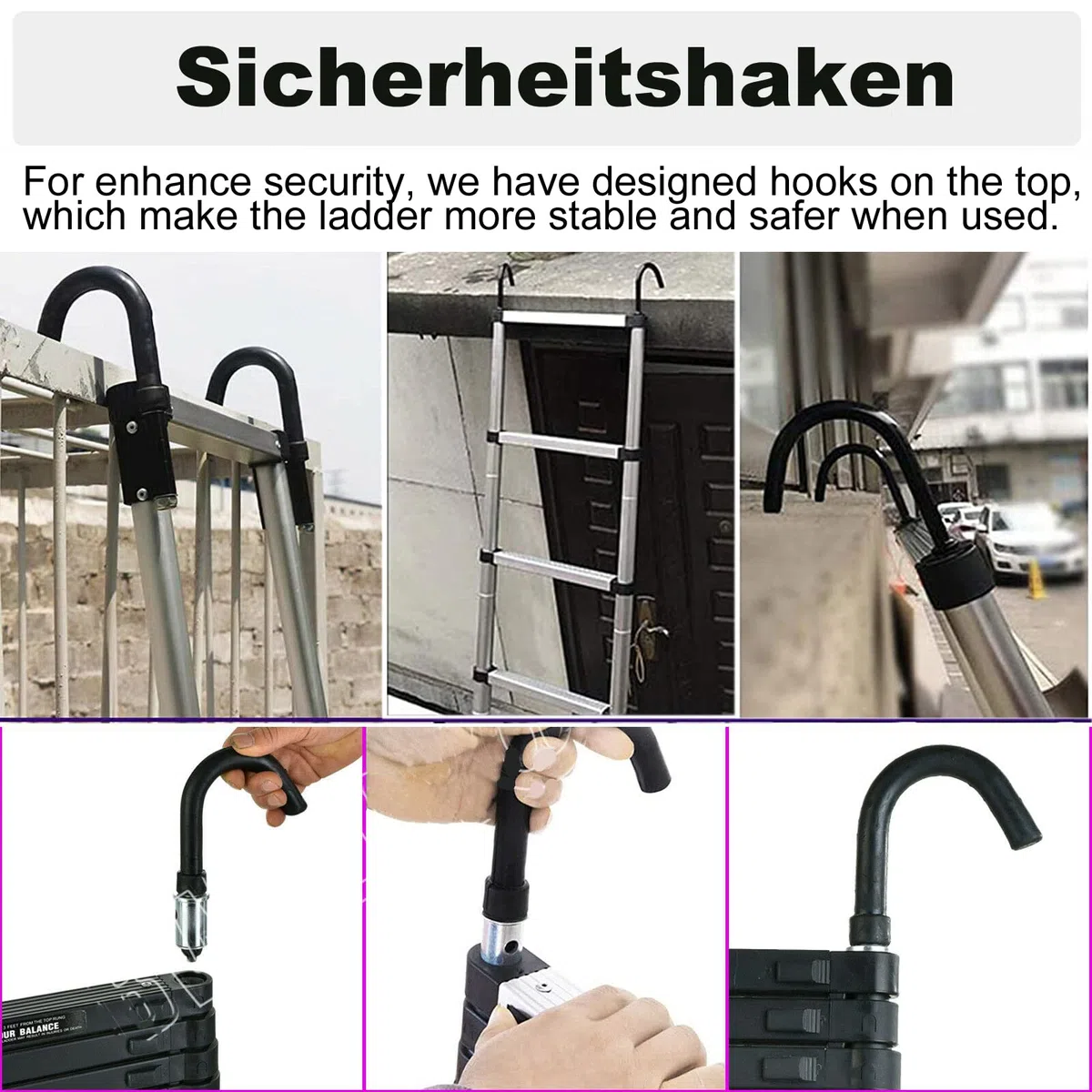 Teleskopleiter mit Haken, 6,2m Alu Klappleiter Aluminium Leiter, Ausziehbar Schiebeleiter, Rutschfester Aluleiter Mehrzweckleiter Ausziehleiter, aus hochwertigem Aluminium, 150kg Tragkraft