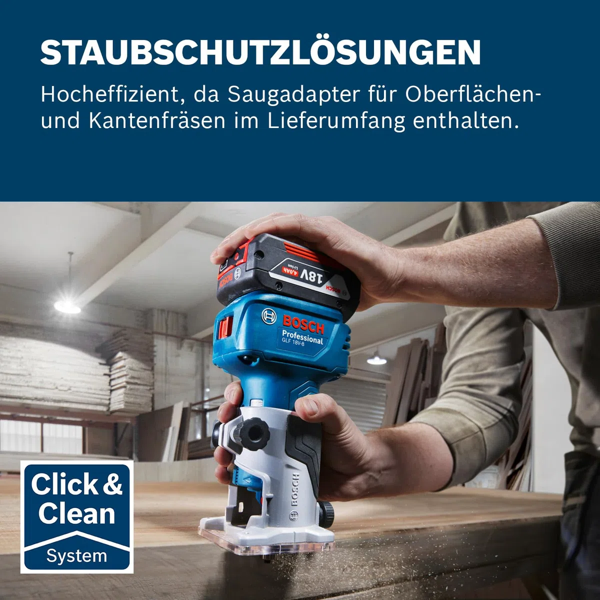 Bosch Professional 18V System Akku-Kantenfräse GLF 18V-8 (inkl. Parallelanschl., Saugadapter Oberflächenfr. & Kantenfr., Rollenführung bündiges Schneiden, 8mm-Spannz., Spannschl., o. Akku/Ladeger.)