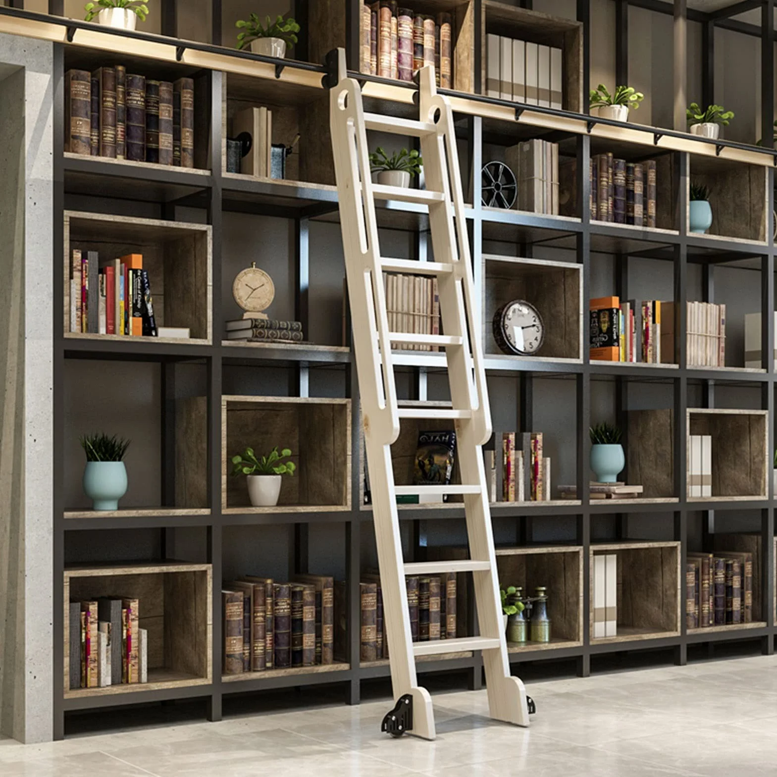 Rollende Bibliotheksleiter-Hardware-Kit – vollständiger Satz schwarzer Stahlschienen mit Bodenrollenrädern – 1 m bis 6 m Schiebe-Bibliotheksleiter (ohne Leiter)