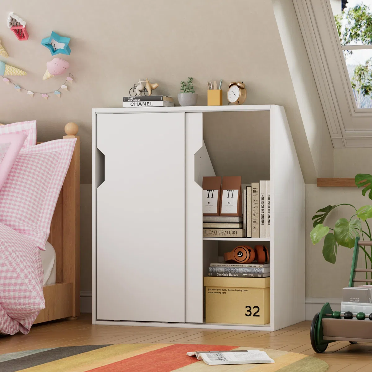 MSFE Dachschrägenschrank mit 2 Türen, Dachschrägenregal 100 x 80 x 52CM Kleiderschrank im schräger Wand Bücherregal in Holz geeignet für die platzsparende Aufbewahrung unter Dachschrägen Weiß