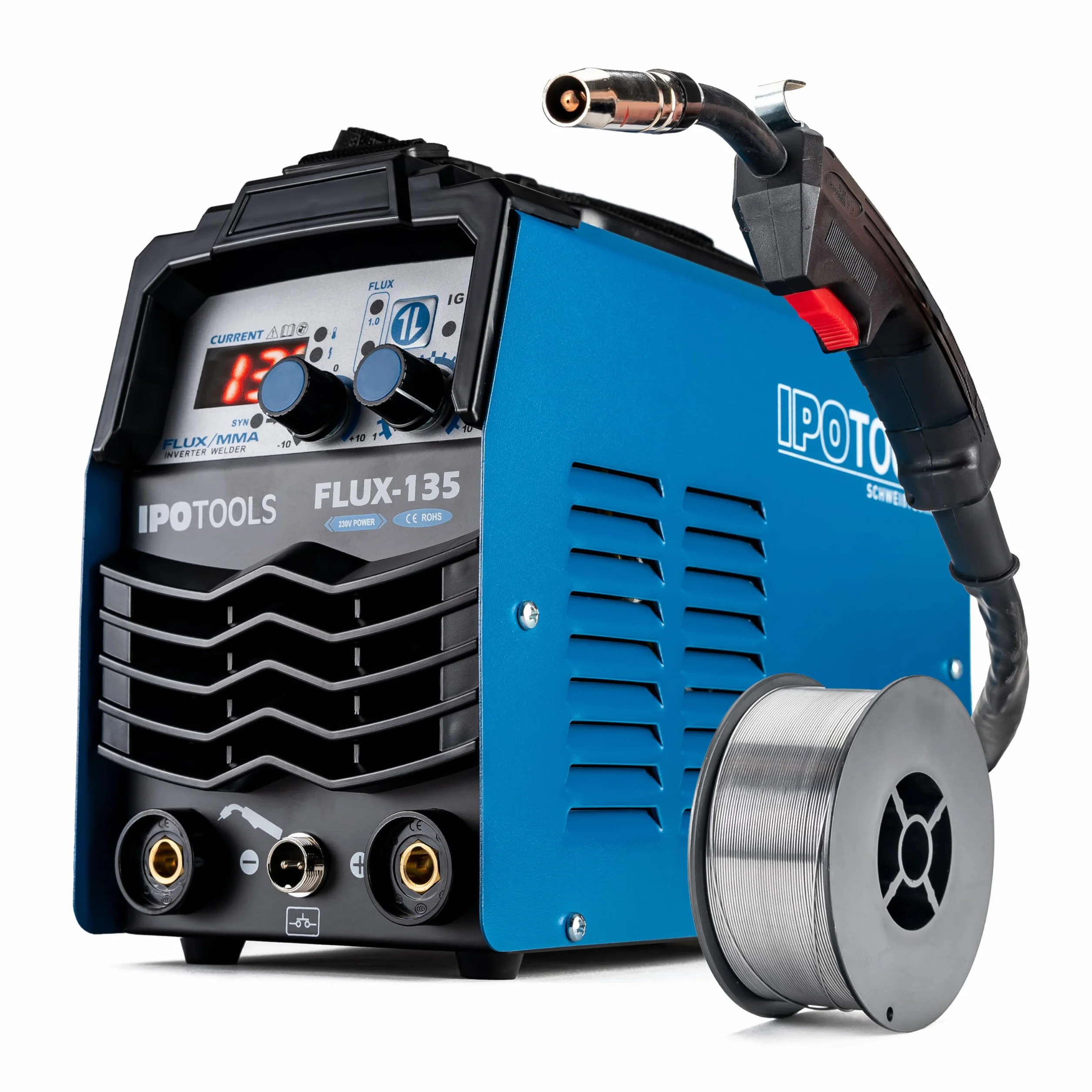 IPOTOOLS FLUX-135 Fülldraht Schweißgerät Ohne Gas 135A – 3-in-1 FLUX/ARC/MMA Inverter Schweißgerät mit Synergischem Drahtvorschub, IGBT, 230V, Kompakt & Tragbar – 7 Jahre Garantie