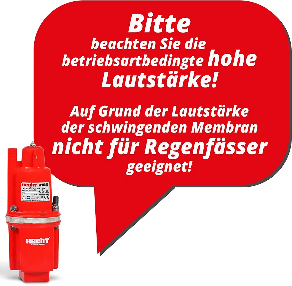 HECHT Tiefbrunnenpumpe – 260 Watt / 230v -240 v – 70 m Förderhöhe – 1400 l/h Fördermenge Wasser – Membranpumpe Tauchpumpe Zisternenpumpe Tiefenpumpe – Tauch Tiefe flach 0,5 m - 5 m