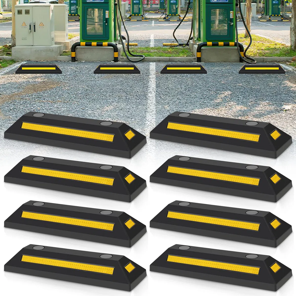 8 Stück Radstopper Parkplatzsperren Gummi Parkplatzbegrenzer Parkbegrenzung Parkplatzmarkierung Anfahrschutz mit Gelb Reflektierende Streifen für Garage und Parkplätze