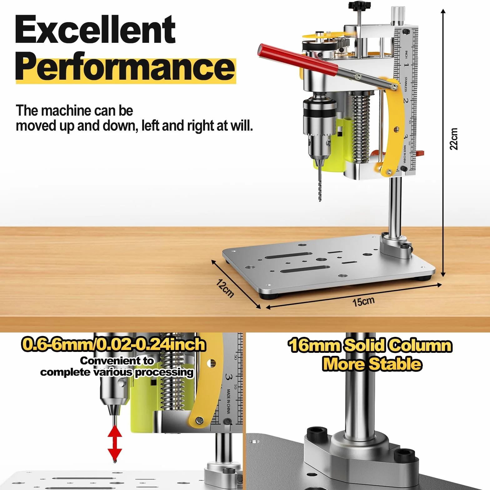 Yofuly Säulenbohrmaschine Mini-Bohrmaschine mit 7 Geschwindigkeiten, Mini Bank Tischbohrmaschine Drehzahlreglung Bankbohrmaschine für Holz, Metall und Kunststoff Electric Drill Press