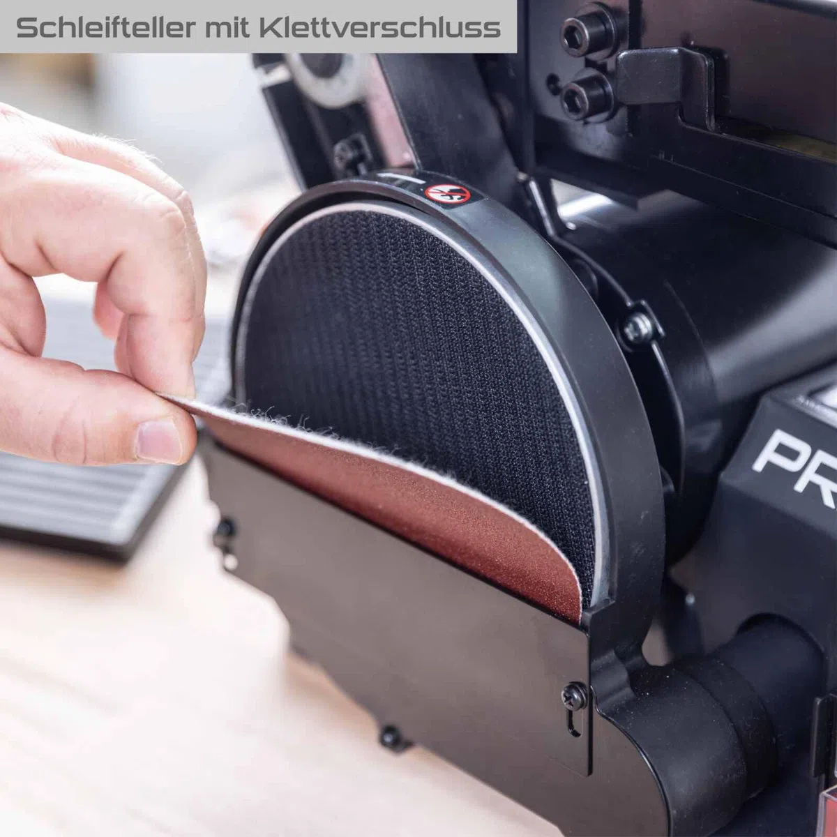 Practixx Band- und Tellerschleifer PX-BTS-370 Bandschleifer | 370W | Ø150mm Schleifteller | Bandlänge 100x915mm | Band-Speed 450m/min | Alu-Tisch & Queranschlag | Schleifmaschine mit 6-tlg Schleifset