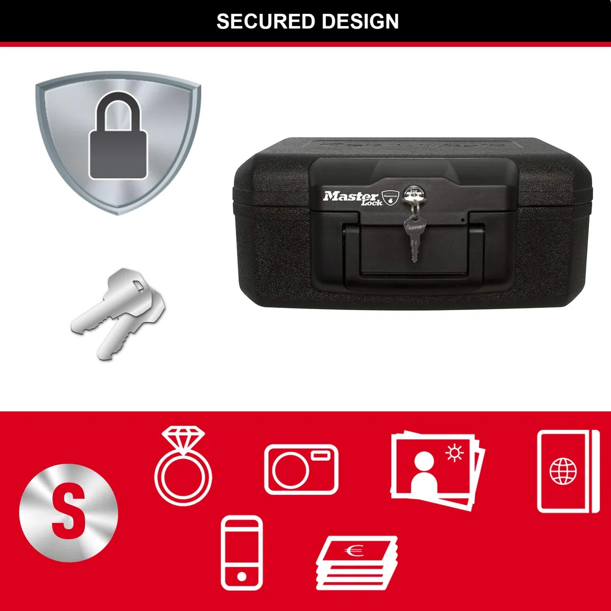 Master Lock Tresor Feuerfest und Wasserdicht mit Schlüssel, Dreifacher Schutz - Flug, Feuer und Flut, 5L, 15.5 x 36.2 x 28.4 cm