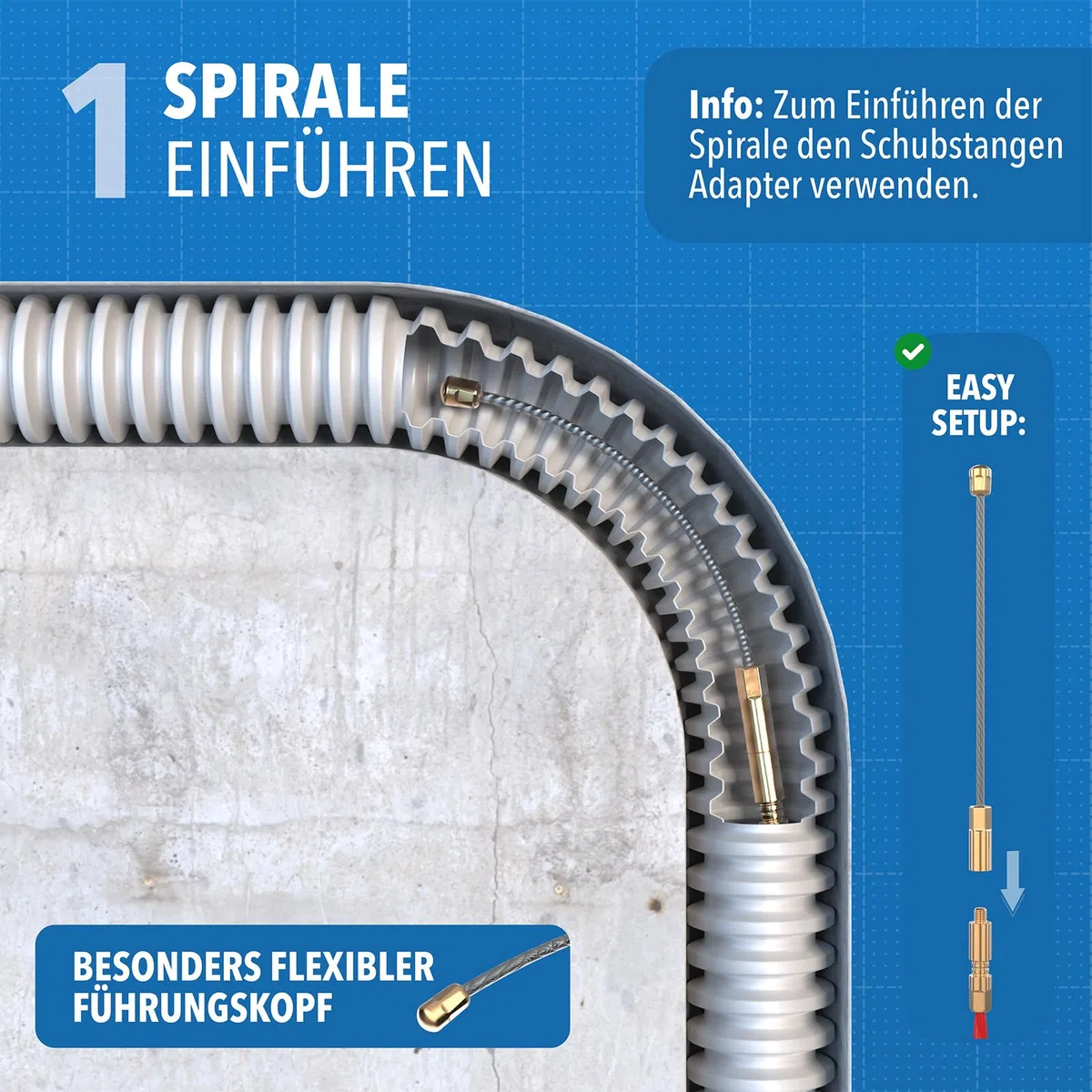 Einziehspirale 30 m – Fiberglas Kabeleinziehhilfe mit Kupferkopf & 5 Zubehörteilen – Kabel Einzugshilfe für Leerrohr, Elektro & Glasfaser – Zugdraht Orange, Griff Schwarz (30)