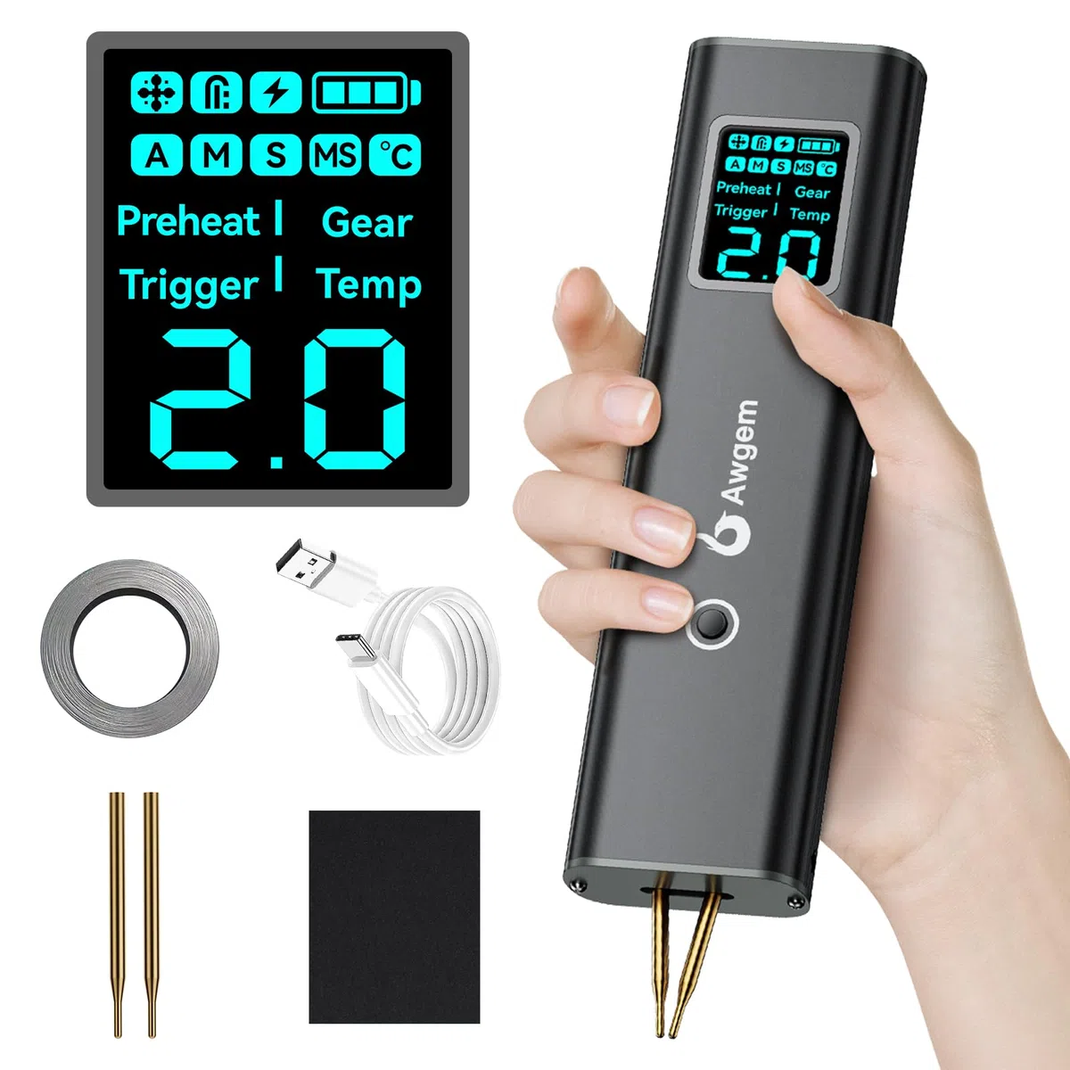 Akku-Punktschweißgerät, AWgem 99-Gang Einstellbares Hand-Punktschweißgerät, Kleines Punktschweißgerät mit LCD-Anzeige, tragbarer Punktschweißer mit Automatischem und Manuellem Modus für 18650-Akku