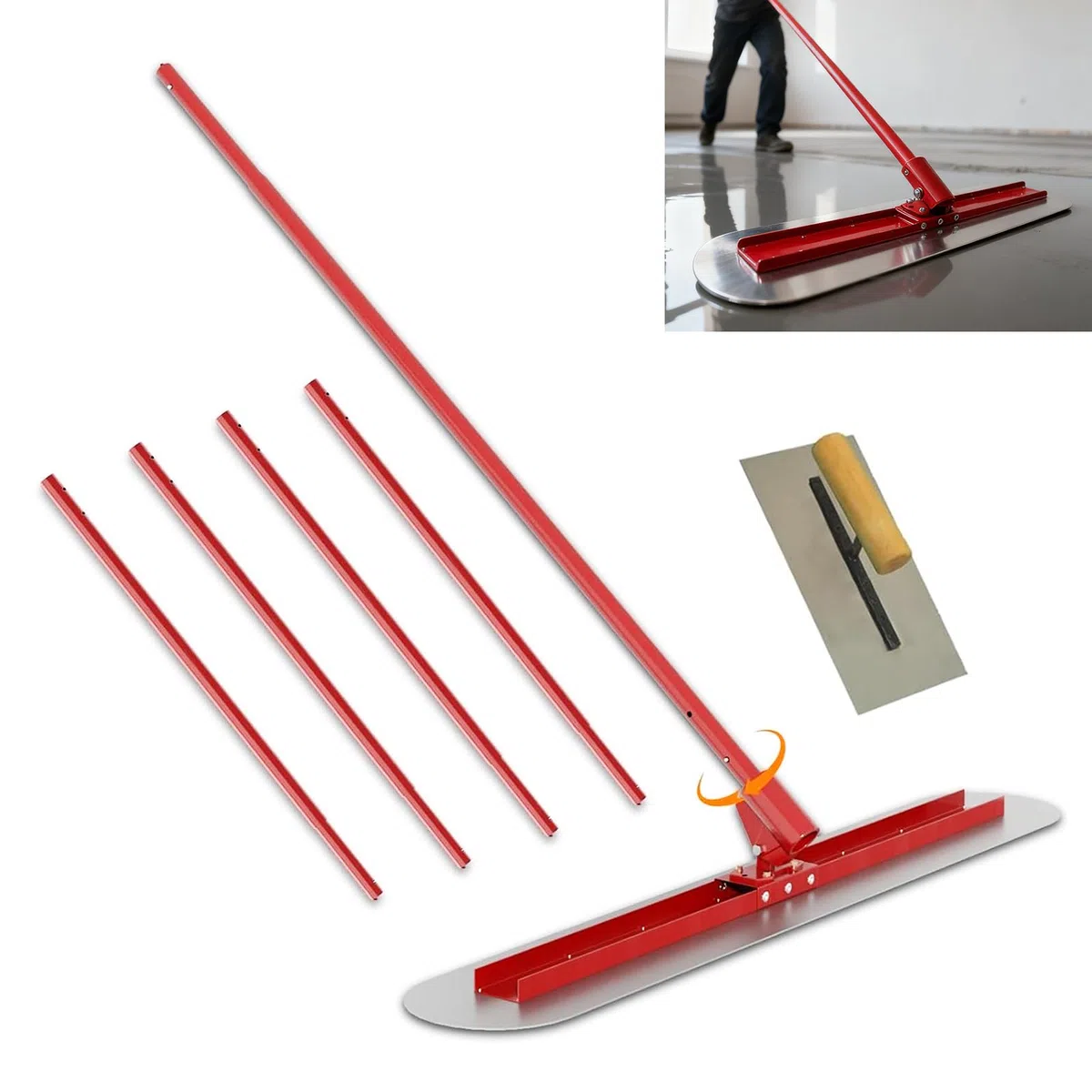 LIROPAU Betonglätter-Werkzeugsatz, Bull Float Concrete Float 90x20cm, Edelstahl-Betonglätter mit Kelle und 4 x 1,15 m verstellbarer Halterung zum Pflastern von Betonböden und Zement
