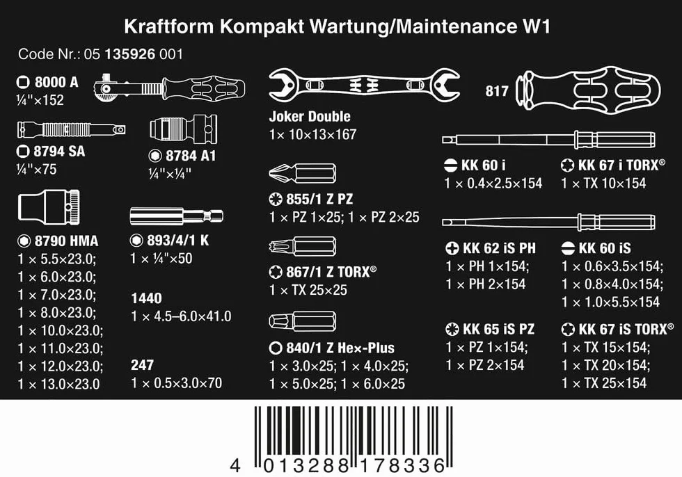 Wera 05135926001 KK W 1 Kraftform Kompakt W1 Wartung, 1/4" x 10 mm, Werkzeug-Set, 35-teilig Schwarz Stück