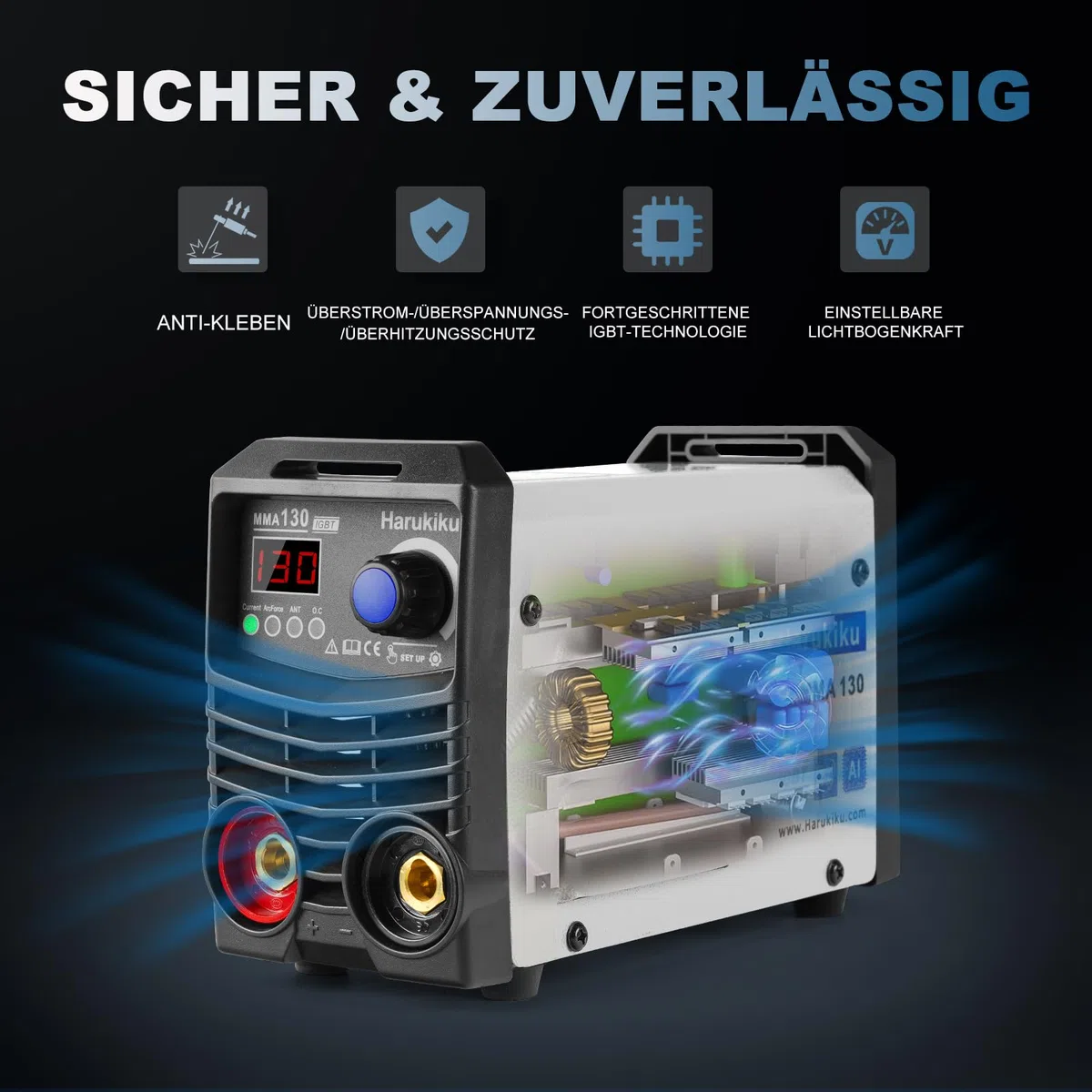 Elektroden-Schweißgerät MMA130 Digital - Mini-Inverter-Schweissgerät, kompakt, leicht, mit Anti-Stick-Funktion, 3+2m Kabel, 21,5 x 14 x 8,5 cm, für Heimwerker und DIY