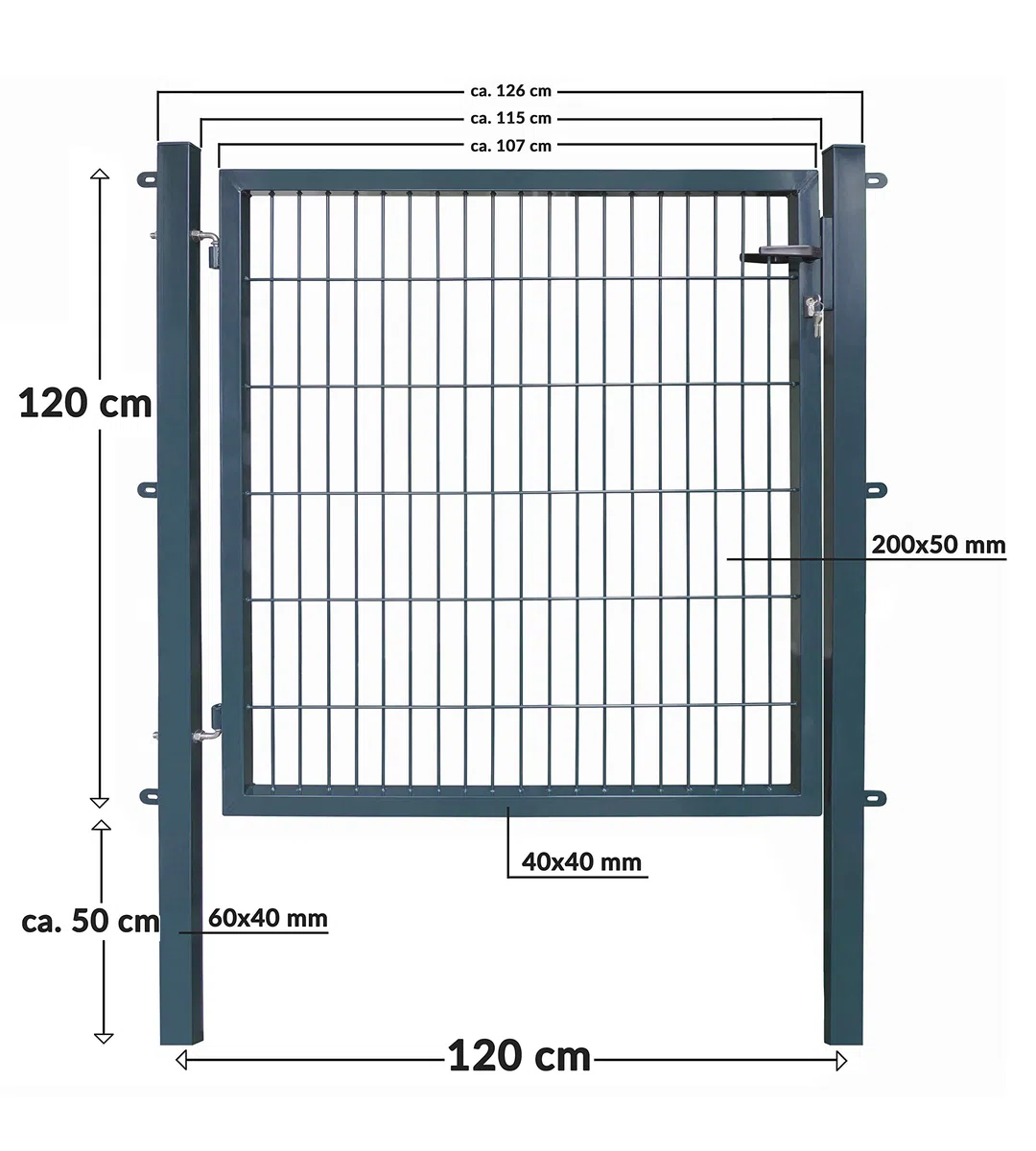 Koll Living Gartentore für Stabmattenzaun mit 120 cm Breite - Farbe und Höhe wählbar - inkl. Pfosten und Befestigungsmaterial (H 120 x B 120 cm, anthrazit)