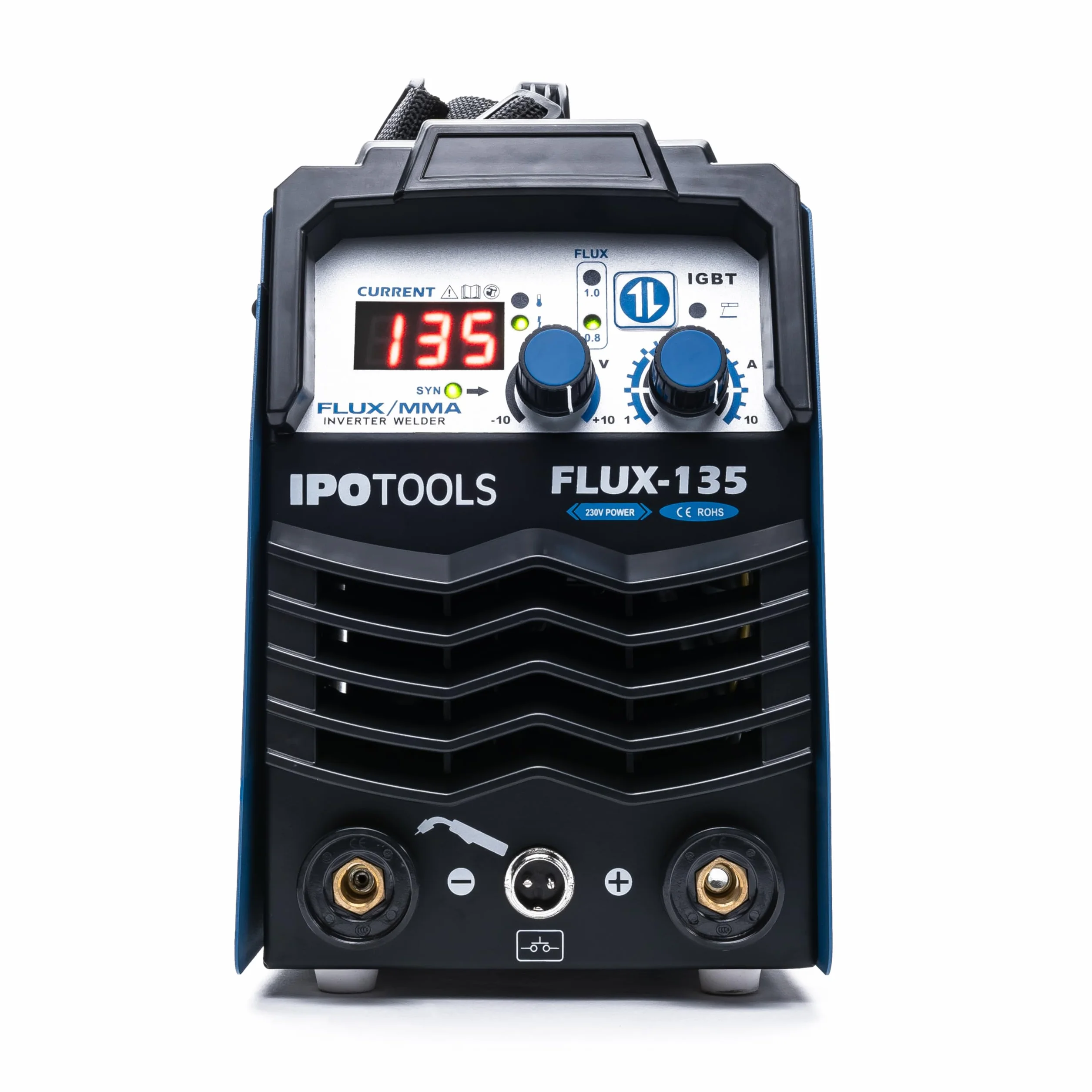 IPOTOOLS FLUX-135 Fülldraht Schweißgerät Ohne Gas 135A – 3-in-1 FLUX/ARC/MMA Inverter Schweißgerät mit Synergischem Drahtvorschub, IGBT, 230V, Kompakt & Tragbar – 7 Jahre Garantie