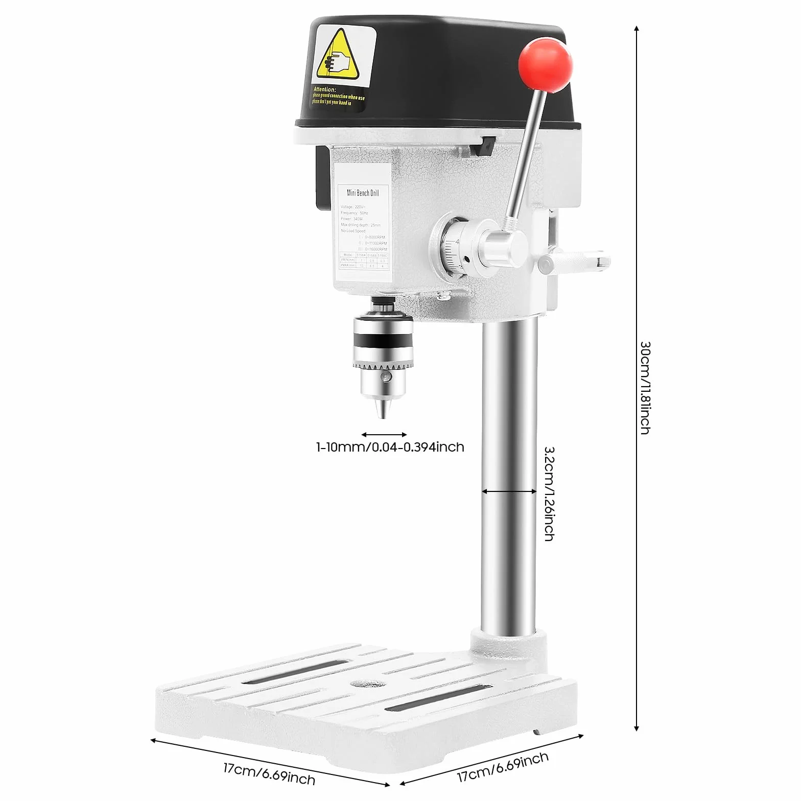 340W Tischbohrmaschine Mini Bohrmaschine Säulenbohrmaschine,Bohrfutter 1-10mm,0.6MM - 6.5MM Bohrungsdurchmesser,3-stufige Drehzahlregelung für Holz Metall und Kunststoff